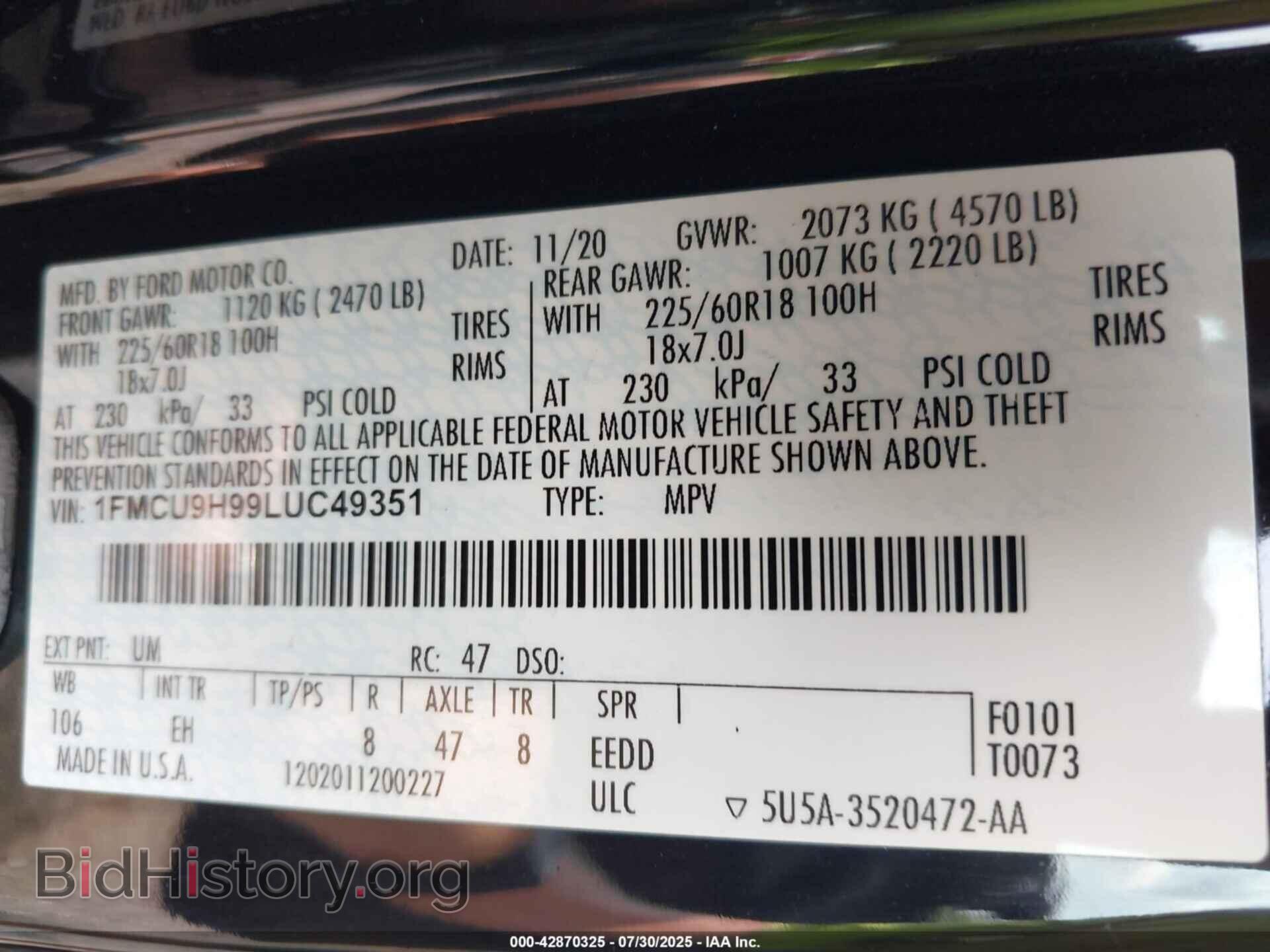 2020 FORD ESCAPE - VIN: 1FMCU9H99LUC49351 - Фото 9