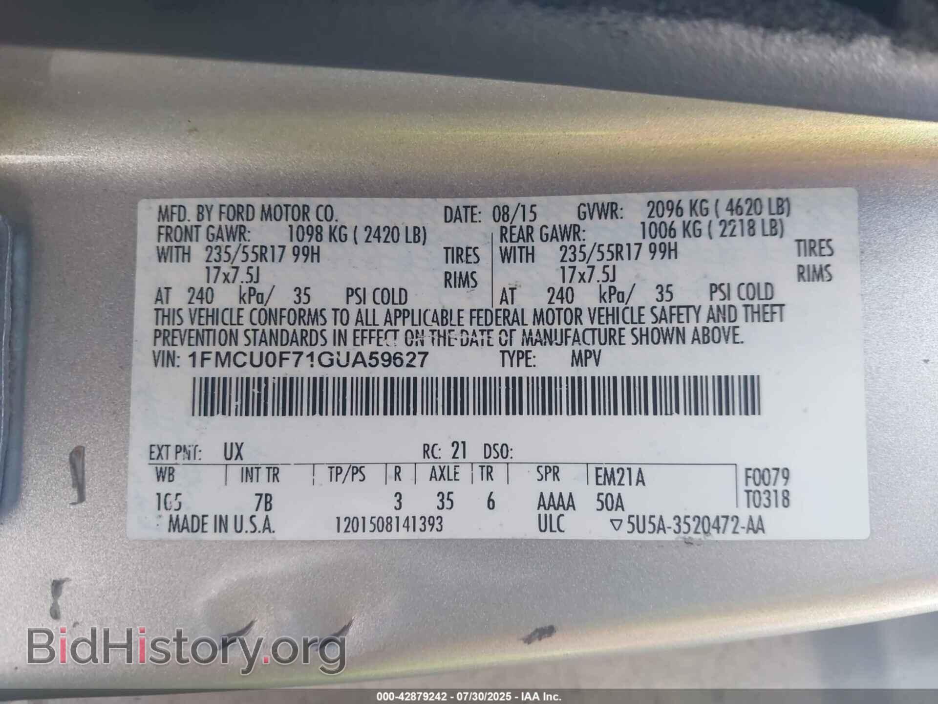 2016 FORD ESCAPE - VIN: 1FMCU0F71GUA59627 - Фото 9