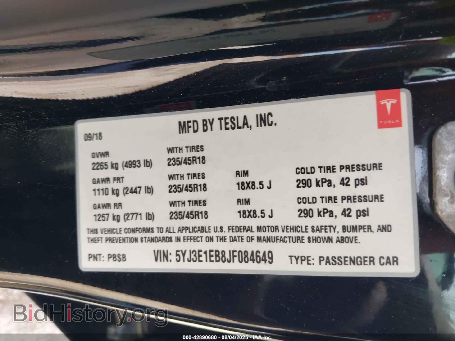 2018 TESLA MODEL 3 - VIN: 5YJ3E1EB8JF084649 - Фото 9