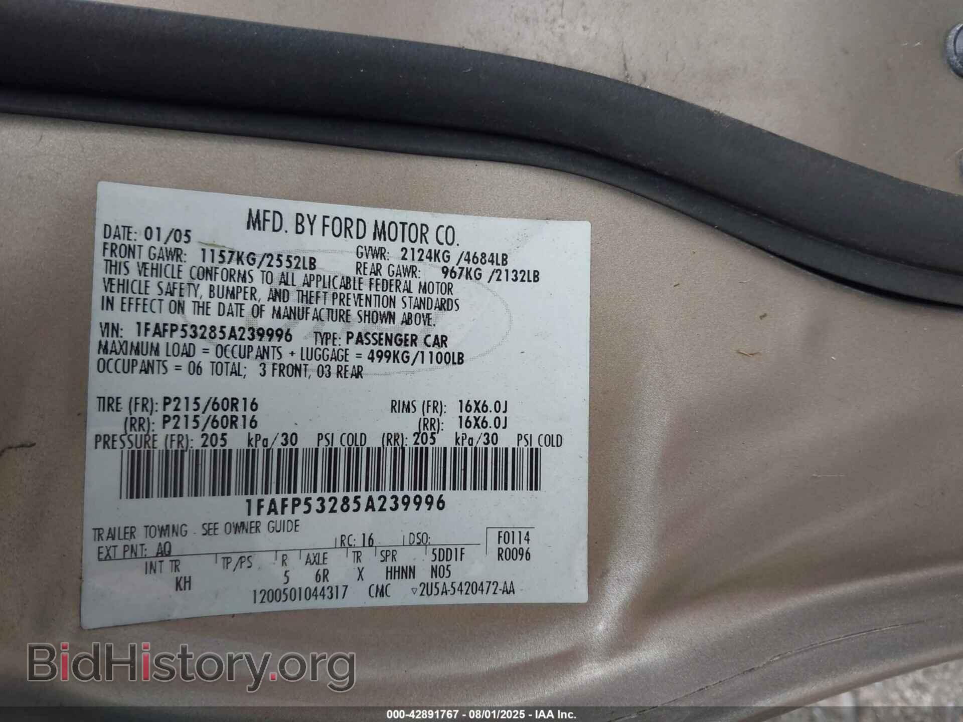 2005 FORD TAURUS - VIN: 1FAFP53285A239996 - Фото 9