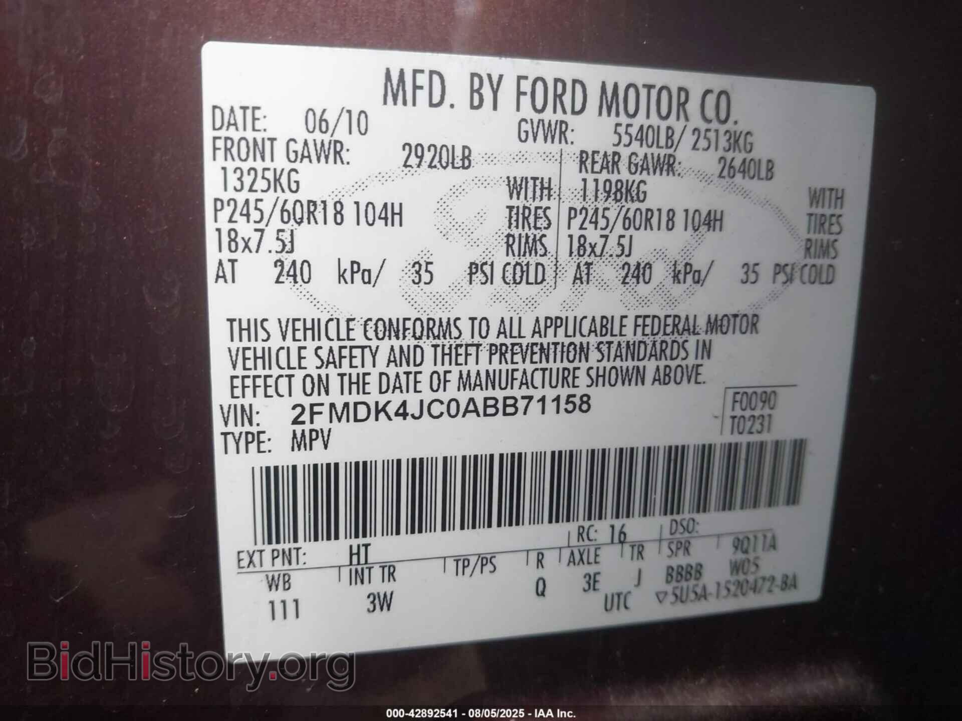 2010 FORD EDGE - VIN: 2FMDK4JC0ABB71158 - Фото 9