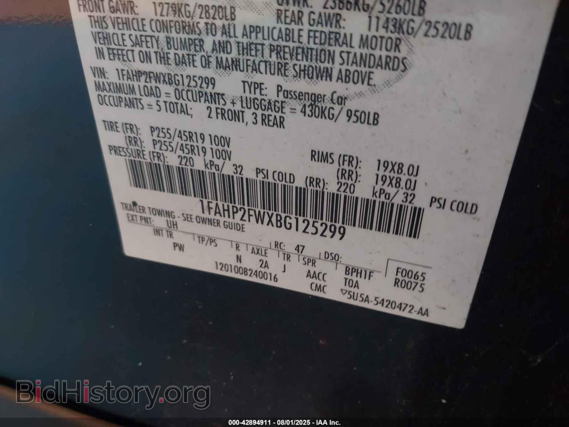 2011 FORD TAURUS - VIN: 1FAHP2FWXBG125299 - Фото 9