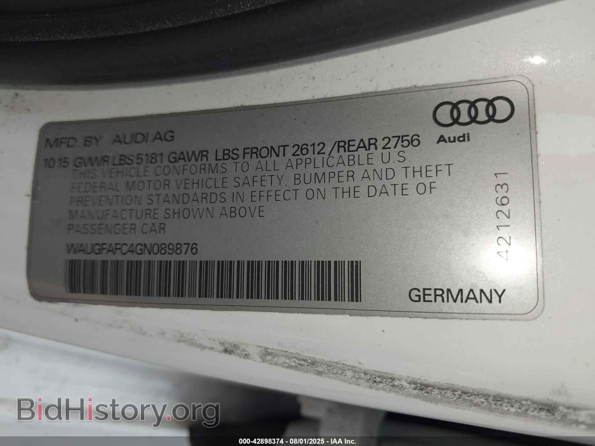 2016 AUDI A6 - VIN: WAUGFAFC4GN089876 - Фото 9