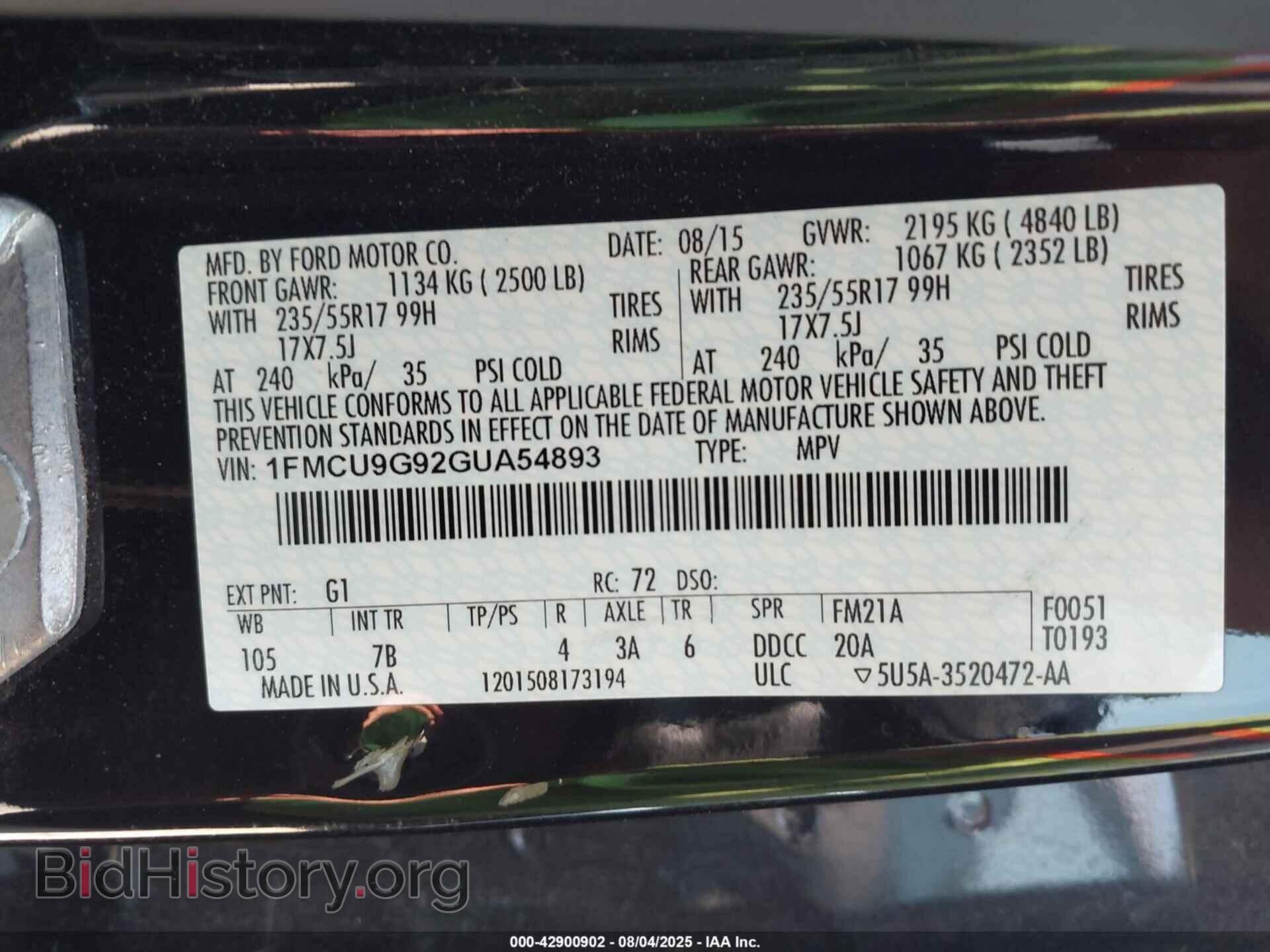 2016 FORD ESCAPE - VIN: 1FMCU9G92GUA54893 - Фото 9