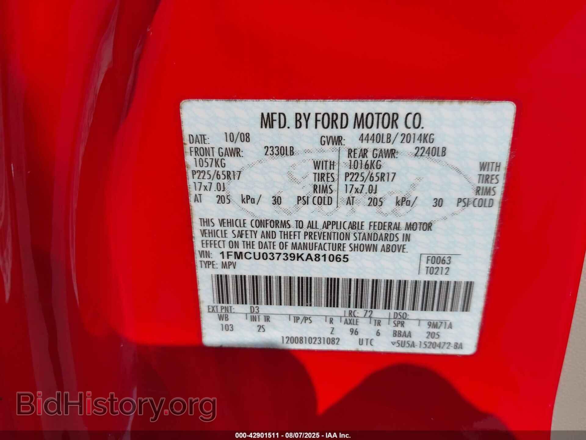 2009 FORD ESCAPE - VIN: 1FMCU03739KA81065 - Фото 9
