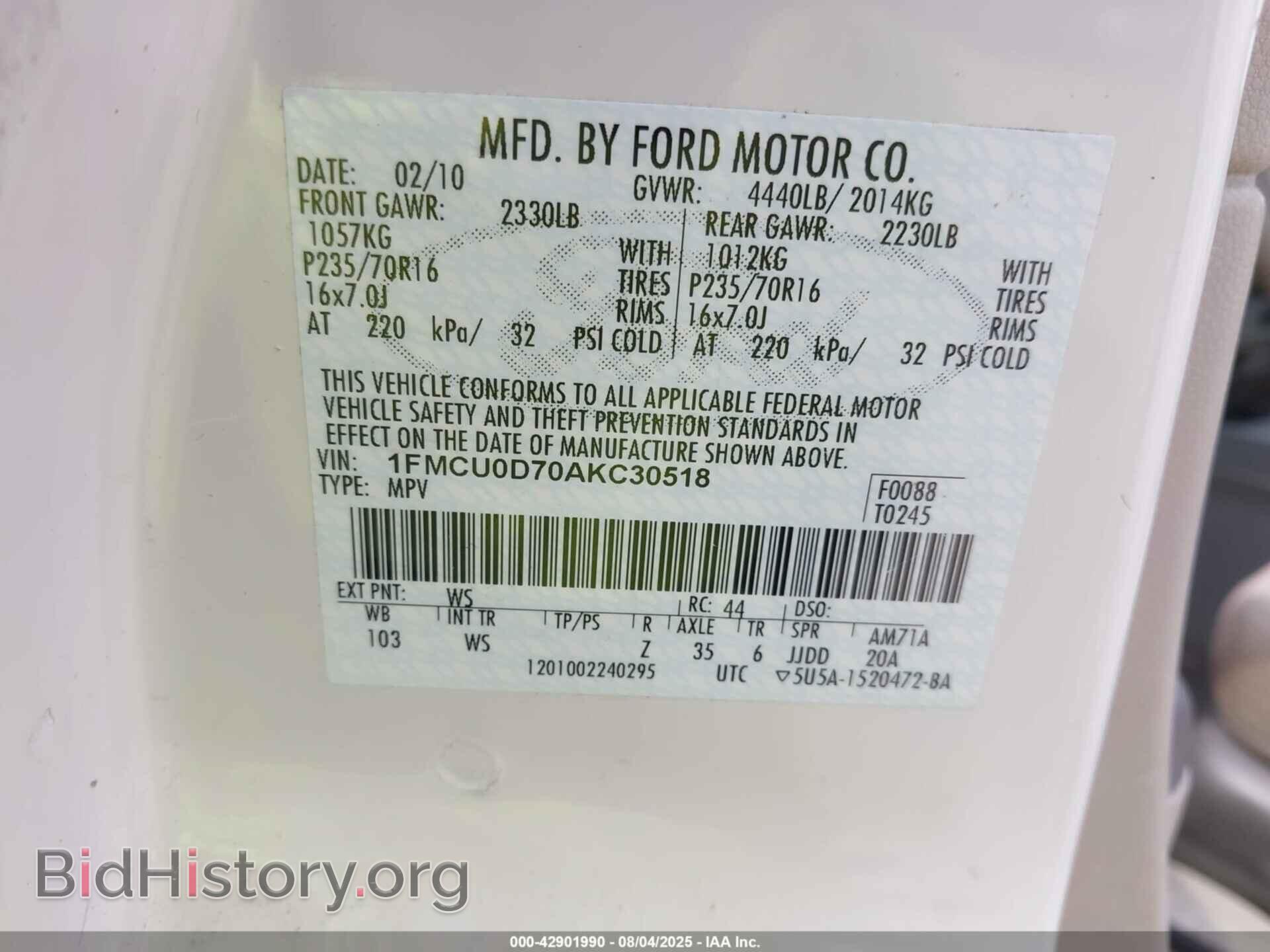 2010 FORD ESCAPE - VIN: 1FMCU0D70AKC30518 - Фото 9