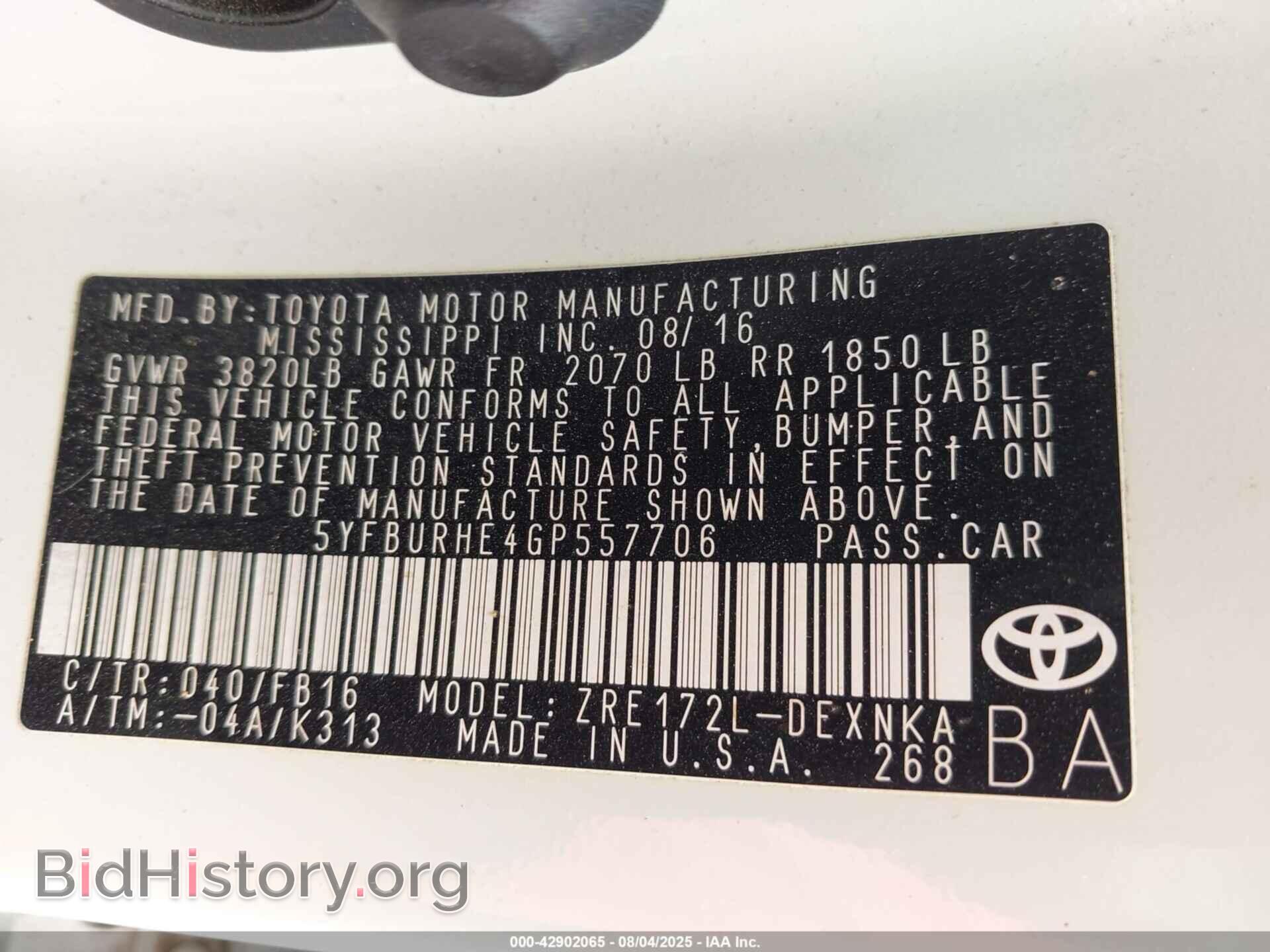 2016 TOYOTA COROLLA - VIN: 5YFBURHE4GP557706 - Фото 9