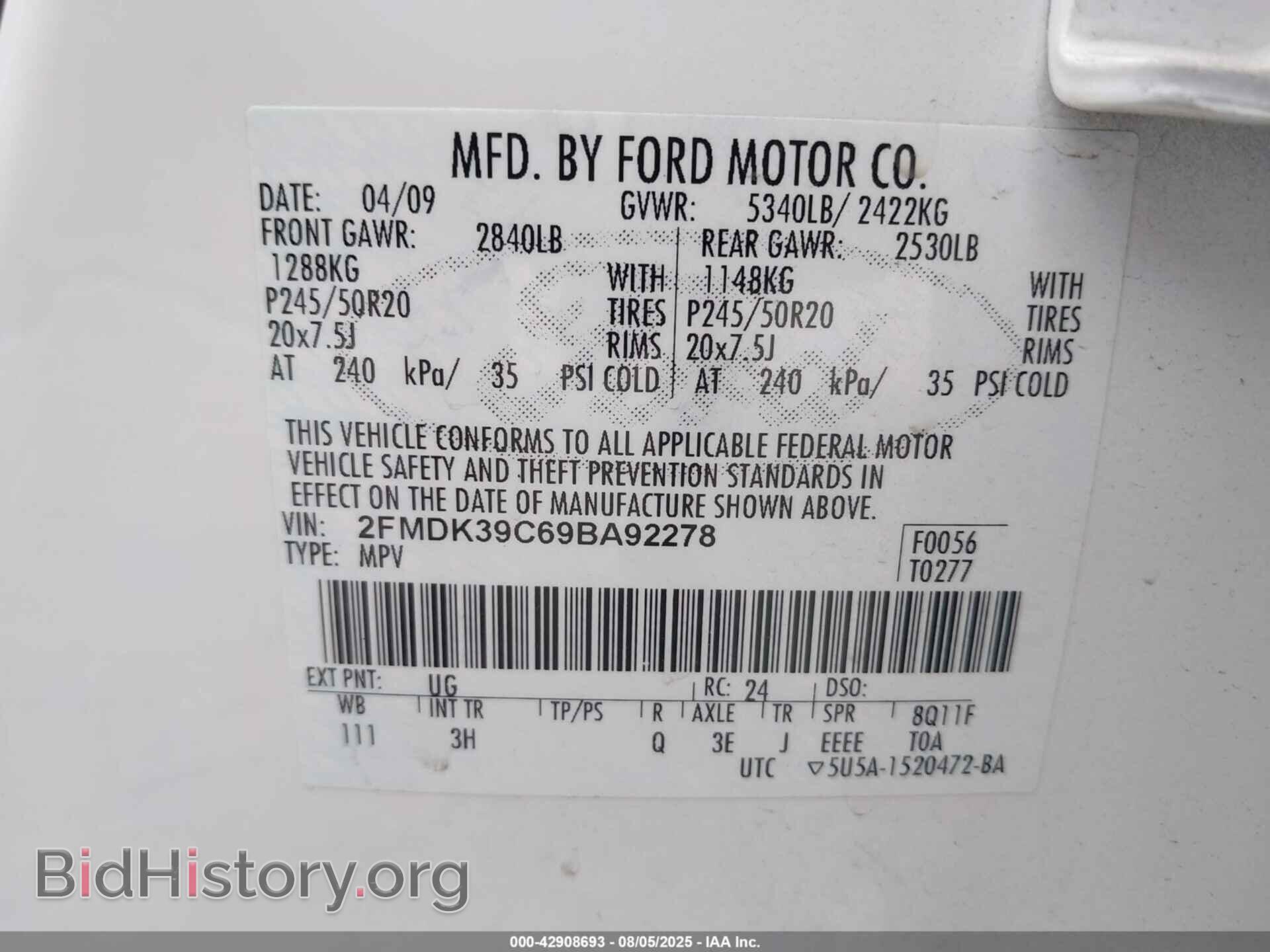 2009 FORD EDGE - VIN: 2FMDK39C69BA92278 - Фото 9