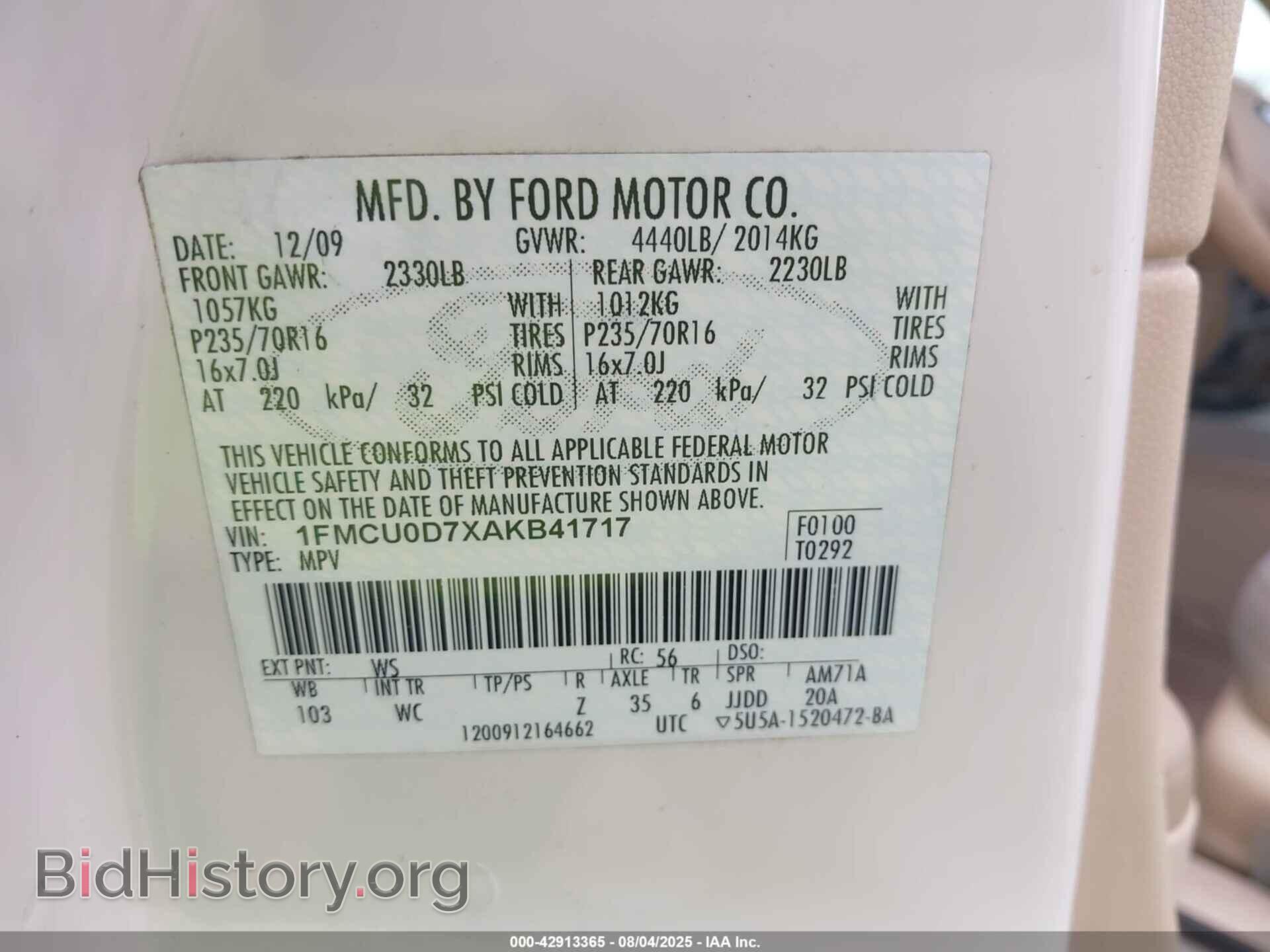 2010 FORD ESCAPE - VIN: 1FMCU0D7XAKB41717 - Фото 9
