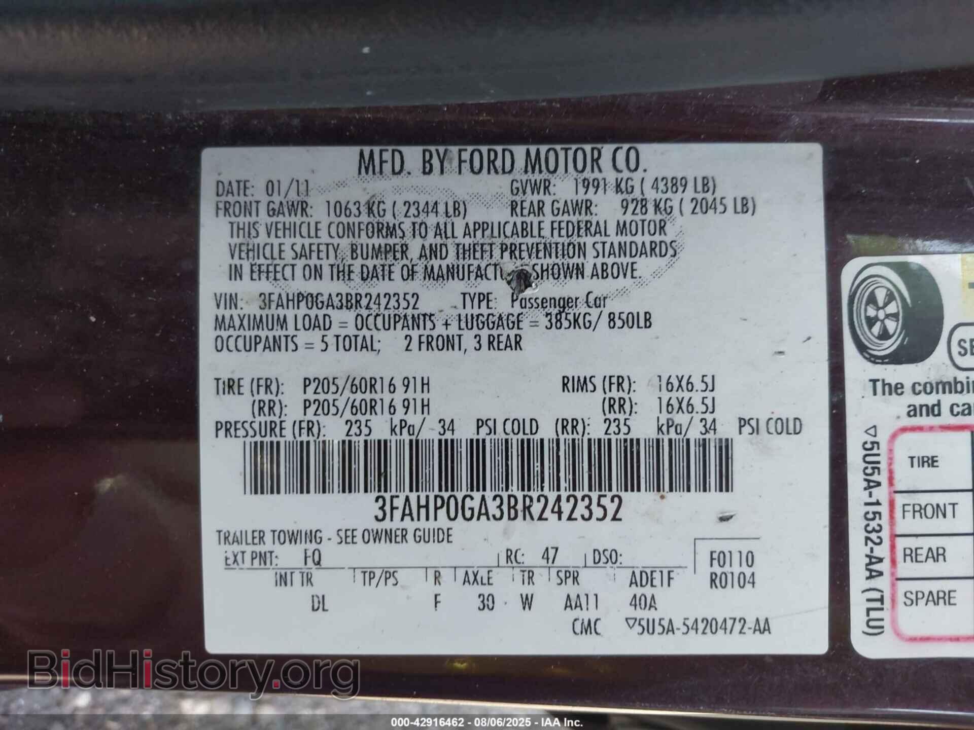 2011 FORD FUSION - VIN: 3FAHP0GA3BR242352 - Photo 9