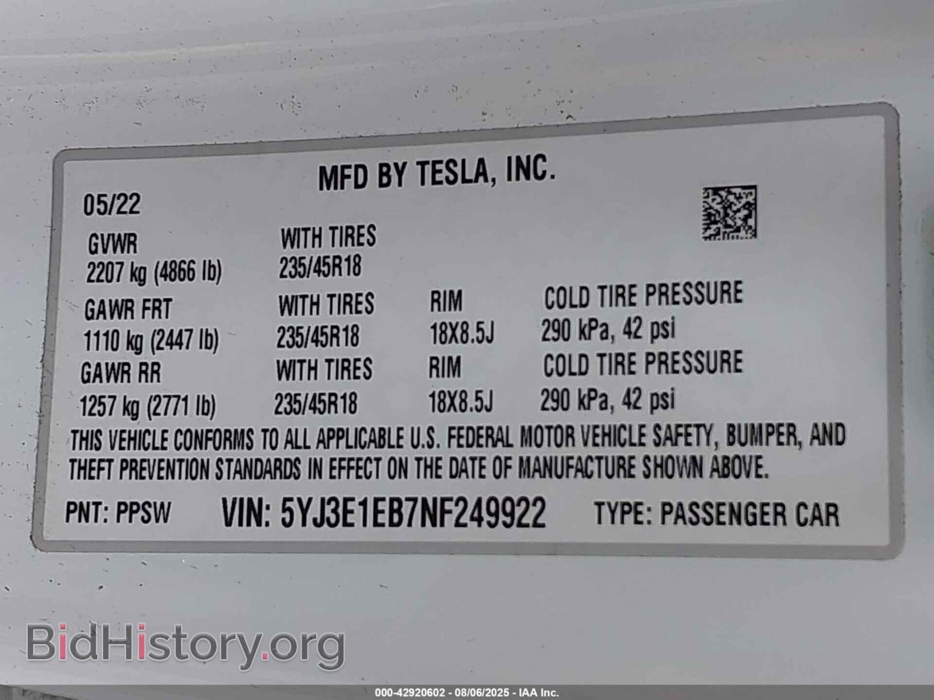 2022 TESLA MODEL 3 - VIN: 5YJ3E1EB7NF249922 - Фото 9