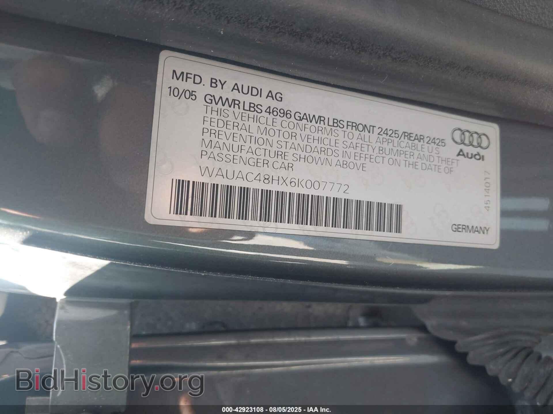 2006 AUDI A4 - VIN: WAUAC48HX6K007772 - Фото 9