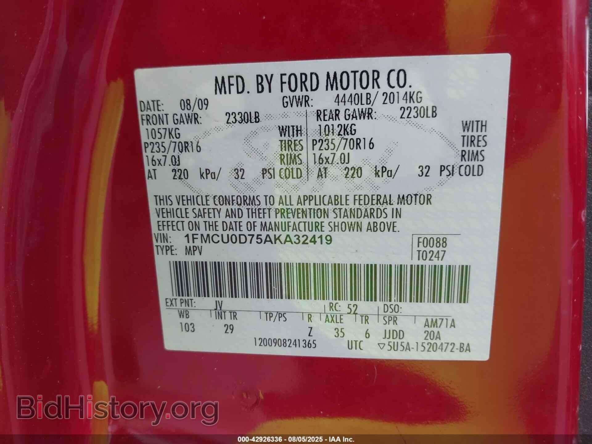 2010 FORD ESCAPE - VIN: 1FMCU0D75AKA32419 - Фото 9