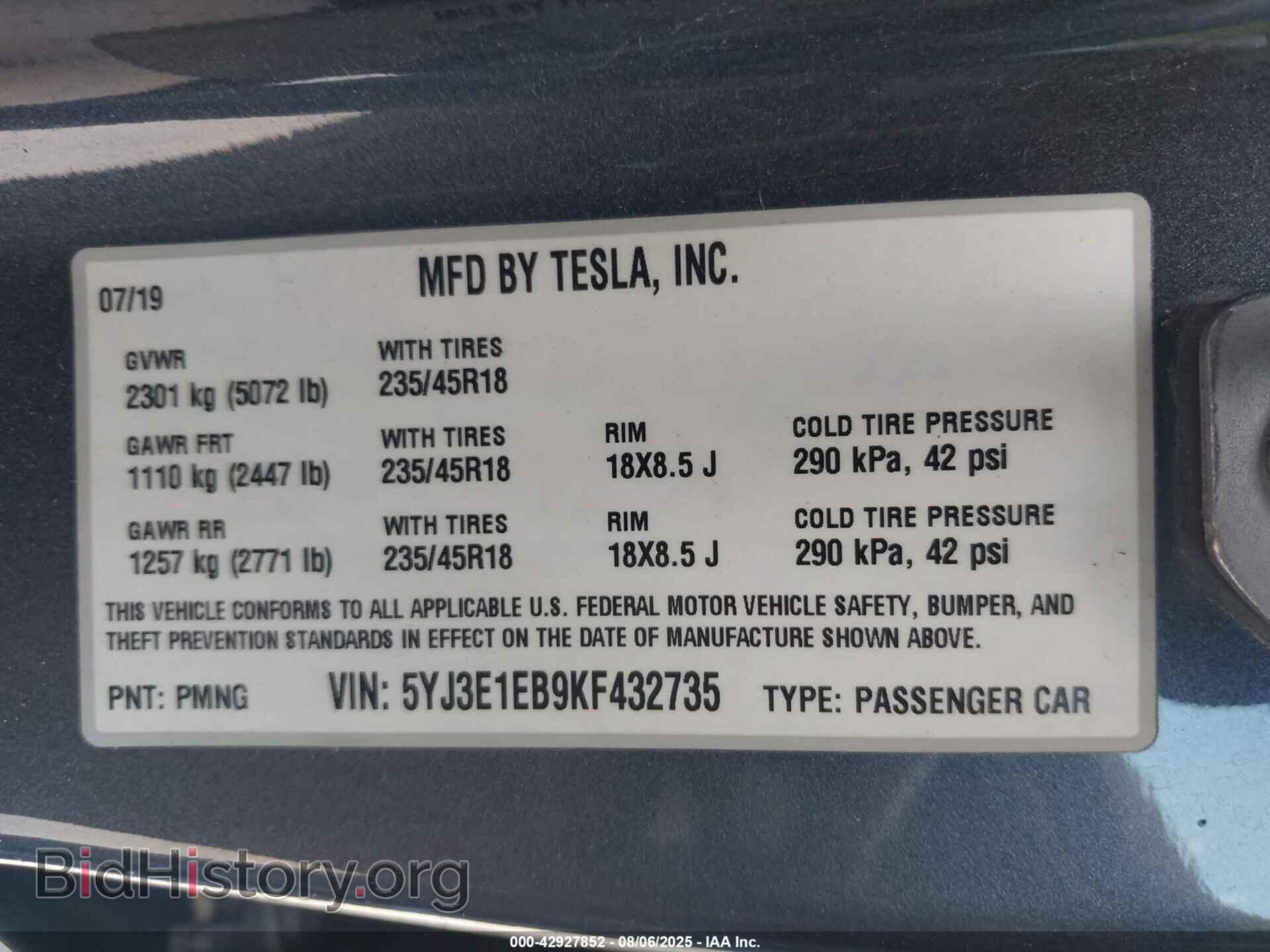 2019 TESLA MODEL 3 - VIN: 5YJ3E1EB9KF432735 - Photo 9