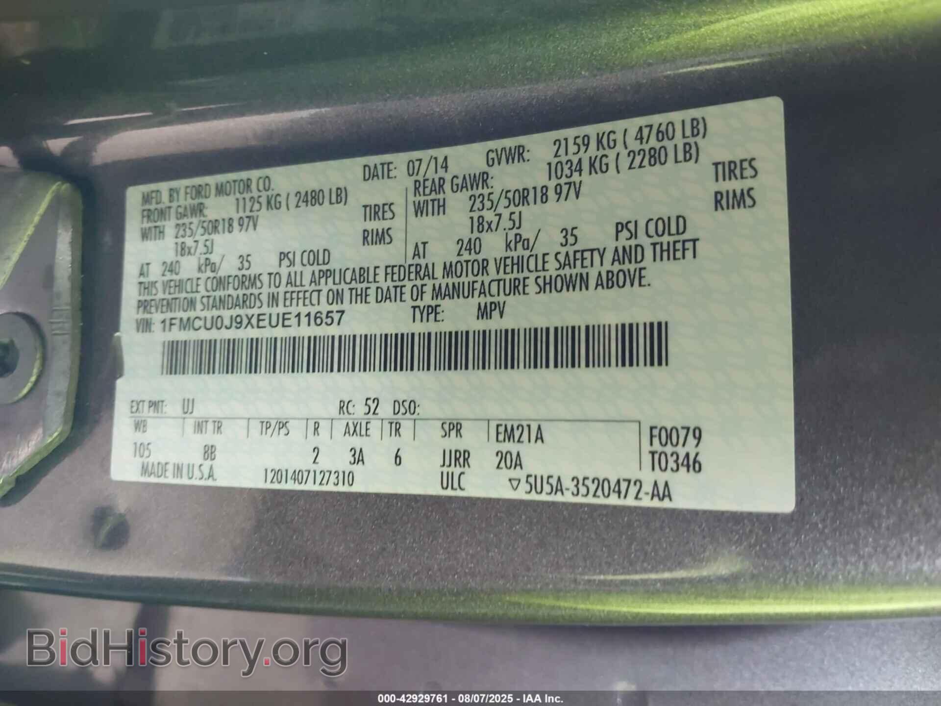 2014 FORD ESCAPE - VIN: 1FMCU0J9XEUE11657 - Фото 9