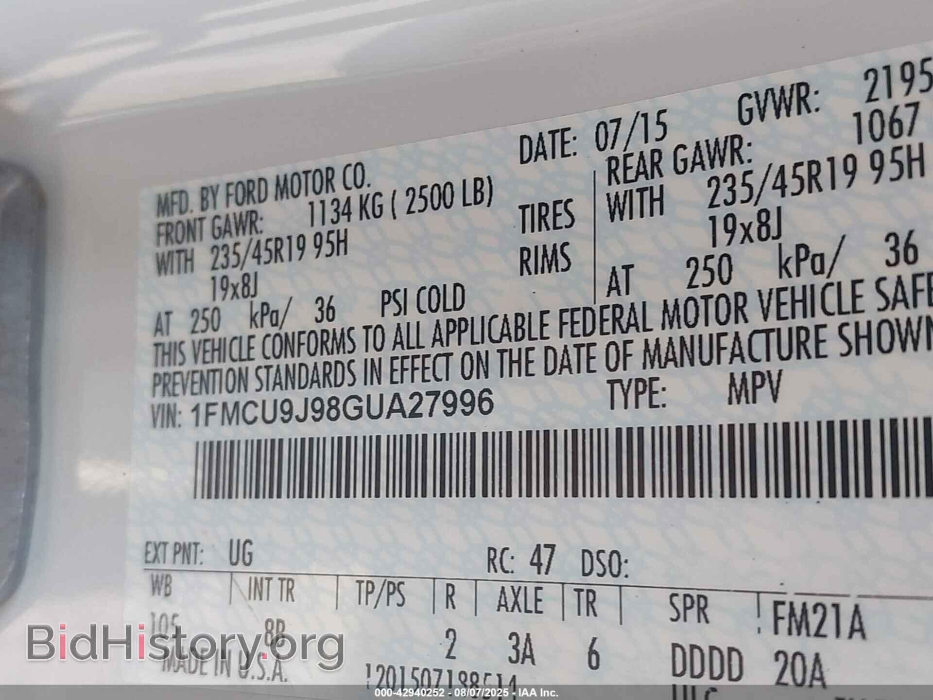 2016 FORD ESCAPE - VIN: 1FMCU9J98GUA27996 - Фото 9