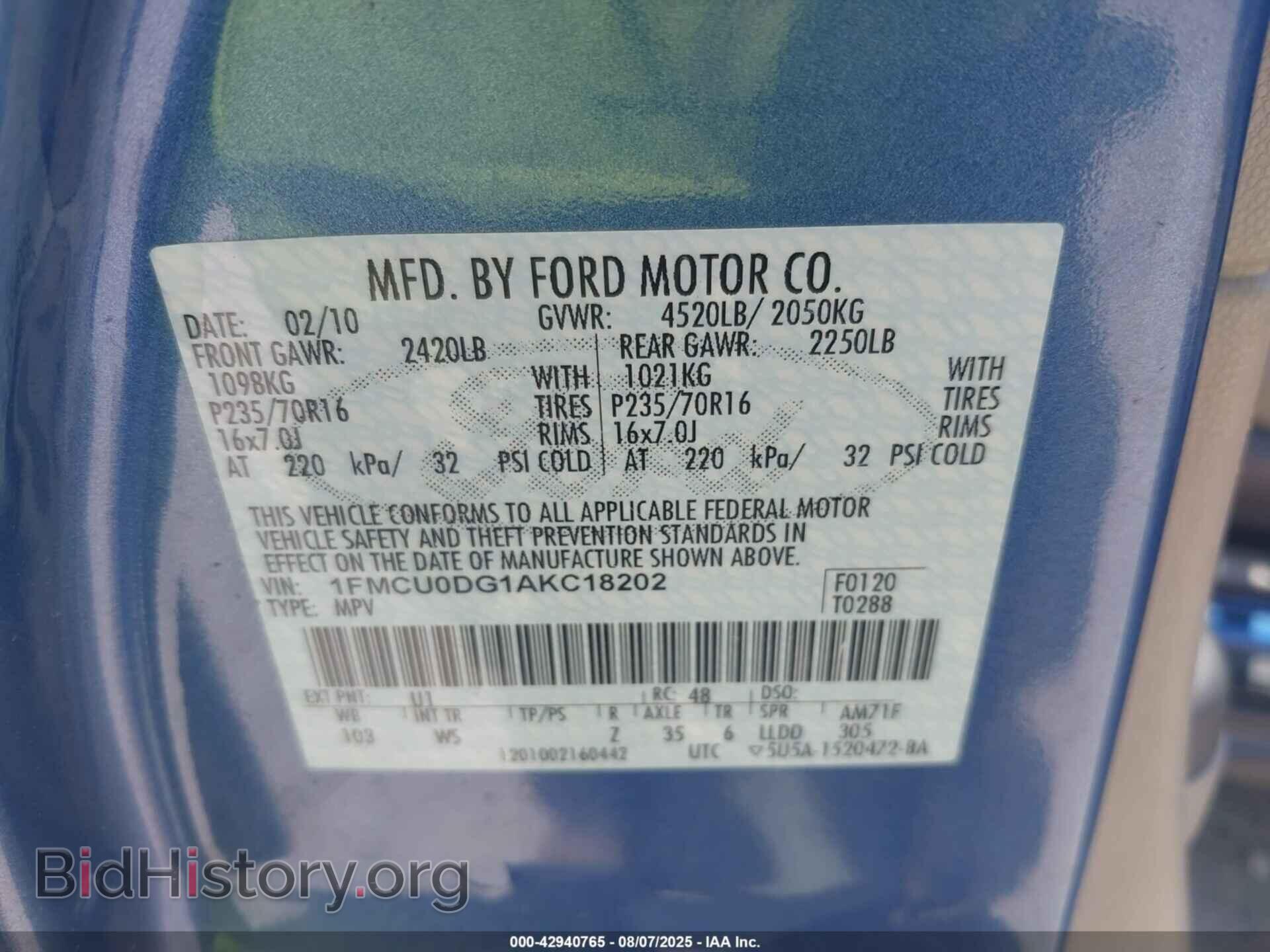 2010 FORD ESCAPE - VIN: 1FMCU0DG1AKC18202 - Фото 9
