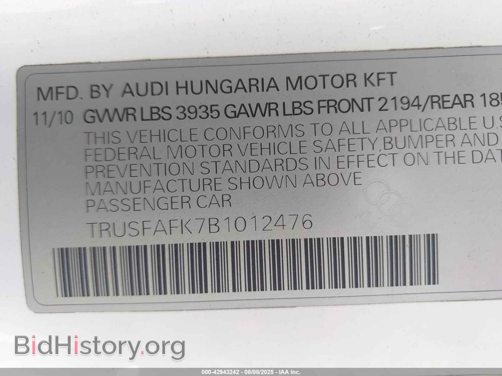 2011 AUDI TT - VIN: TRUSFAFK7B1012476 - Фото 9