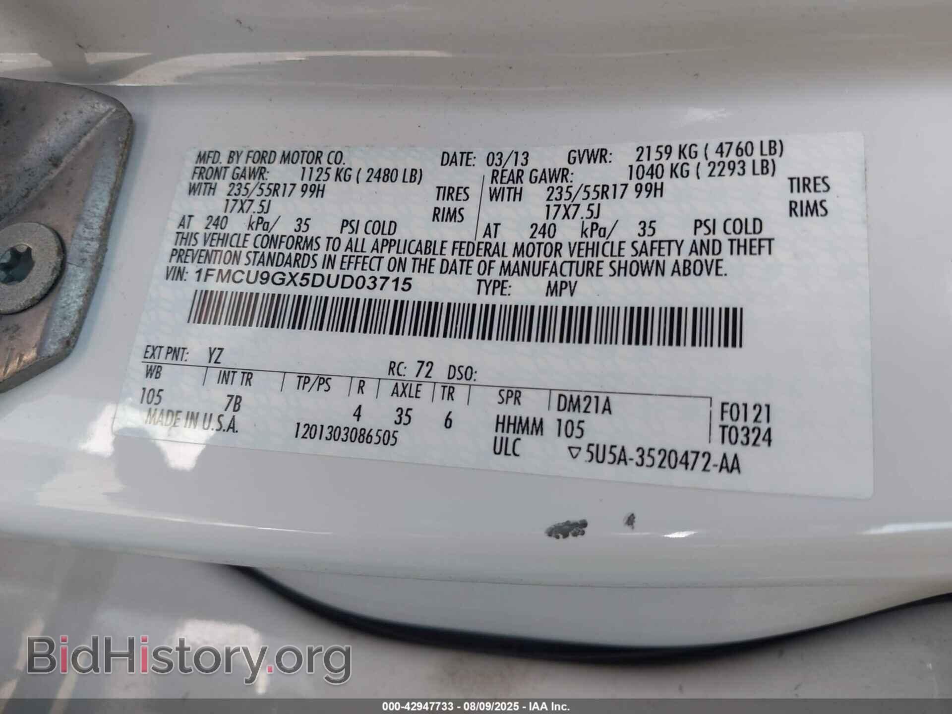 2013 FORD ESCAPE - VIN: 1FMCU9GX5DUD03715 - Фото 9