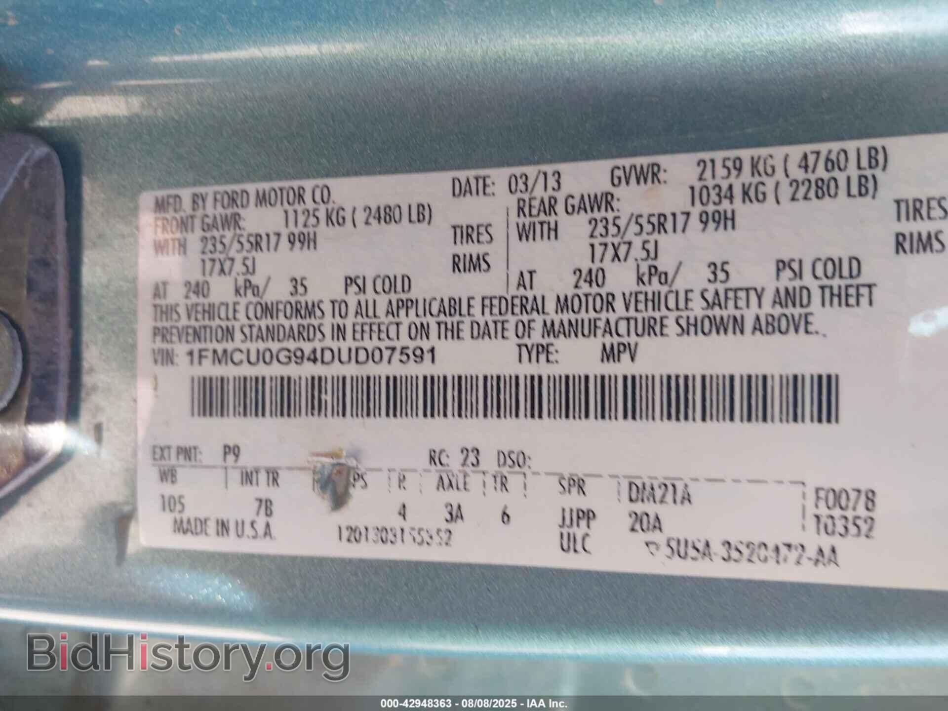 2013 FORD ESCAPE - VIN: 1FMCU0G94DUD07591 - Фото 9