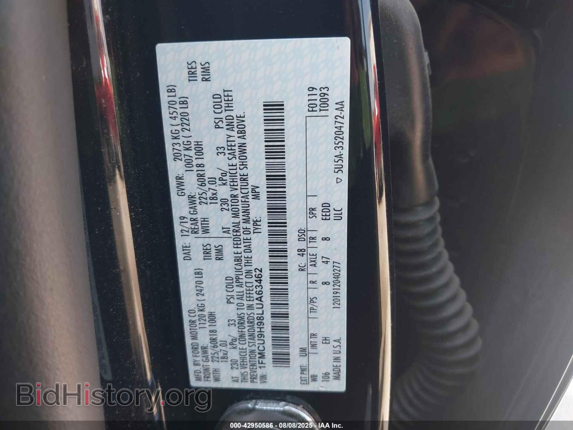 2020 FORD ESCAPE - VIN: 1FMCU9H98LUA63462 - Фото 9