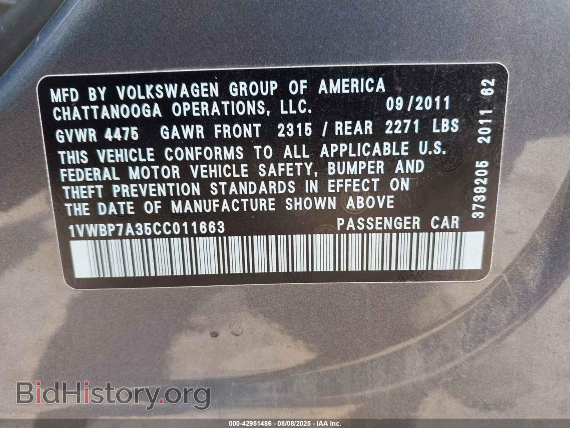 2012 VOLKSWAGEN PASSAT - VIN: 1VWBP7A35CC011663 - Фото 9