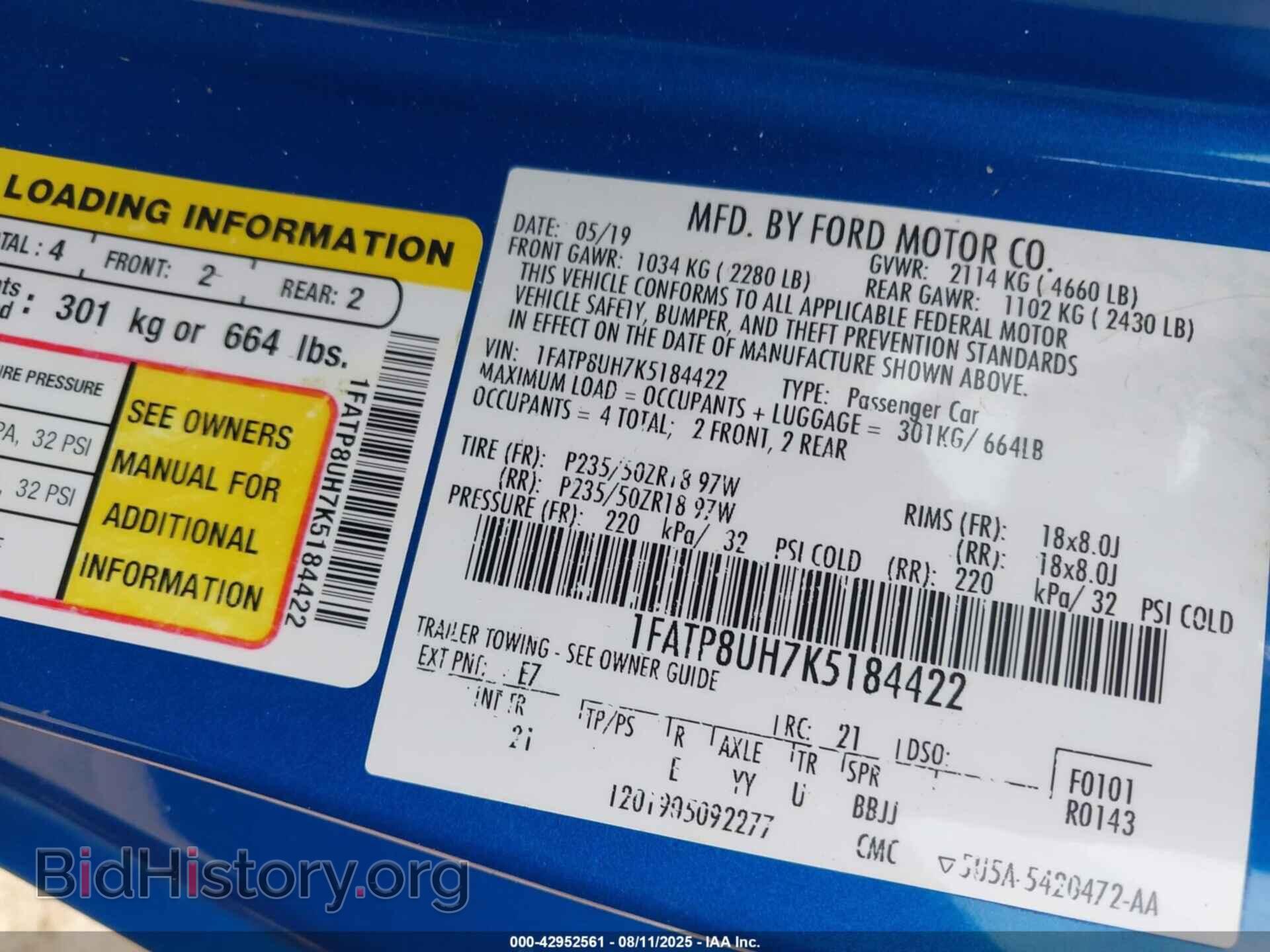 2019 FORD MUSTANG - VIN: 1FATP8UH7K5184422 - Фото 9