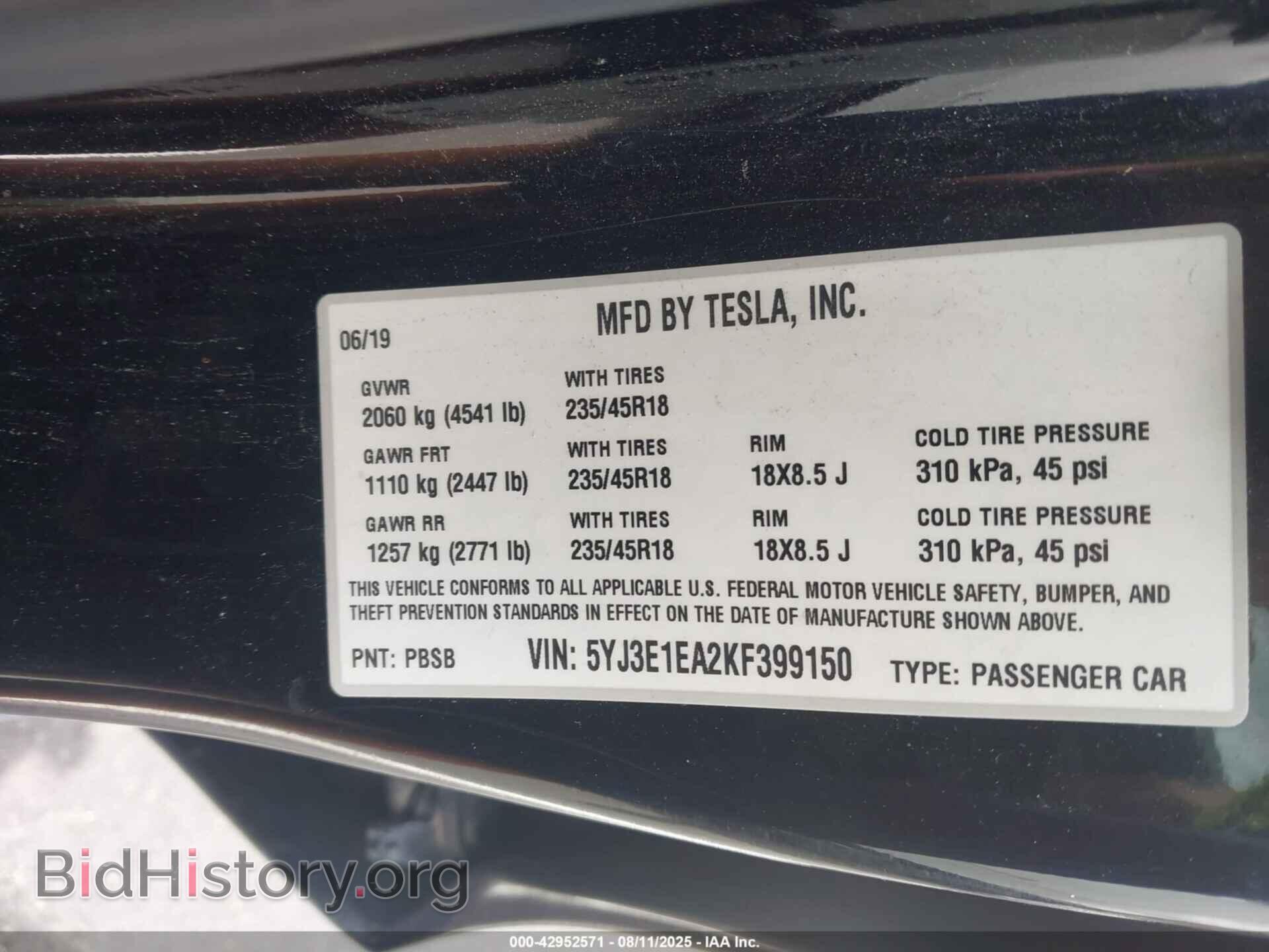 2019 TESLA MODEL 3 - VIN: 5YJ3E1EA2KF399150 - Фото 9