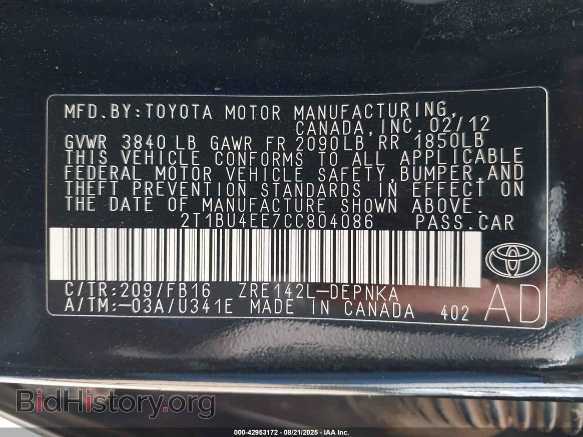2012 TOYOTA COROLLA - VIN: 2T1BU4EE7CC804086 - Фото 9