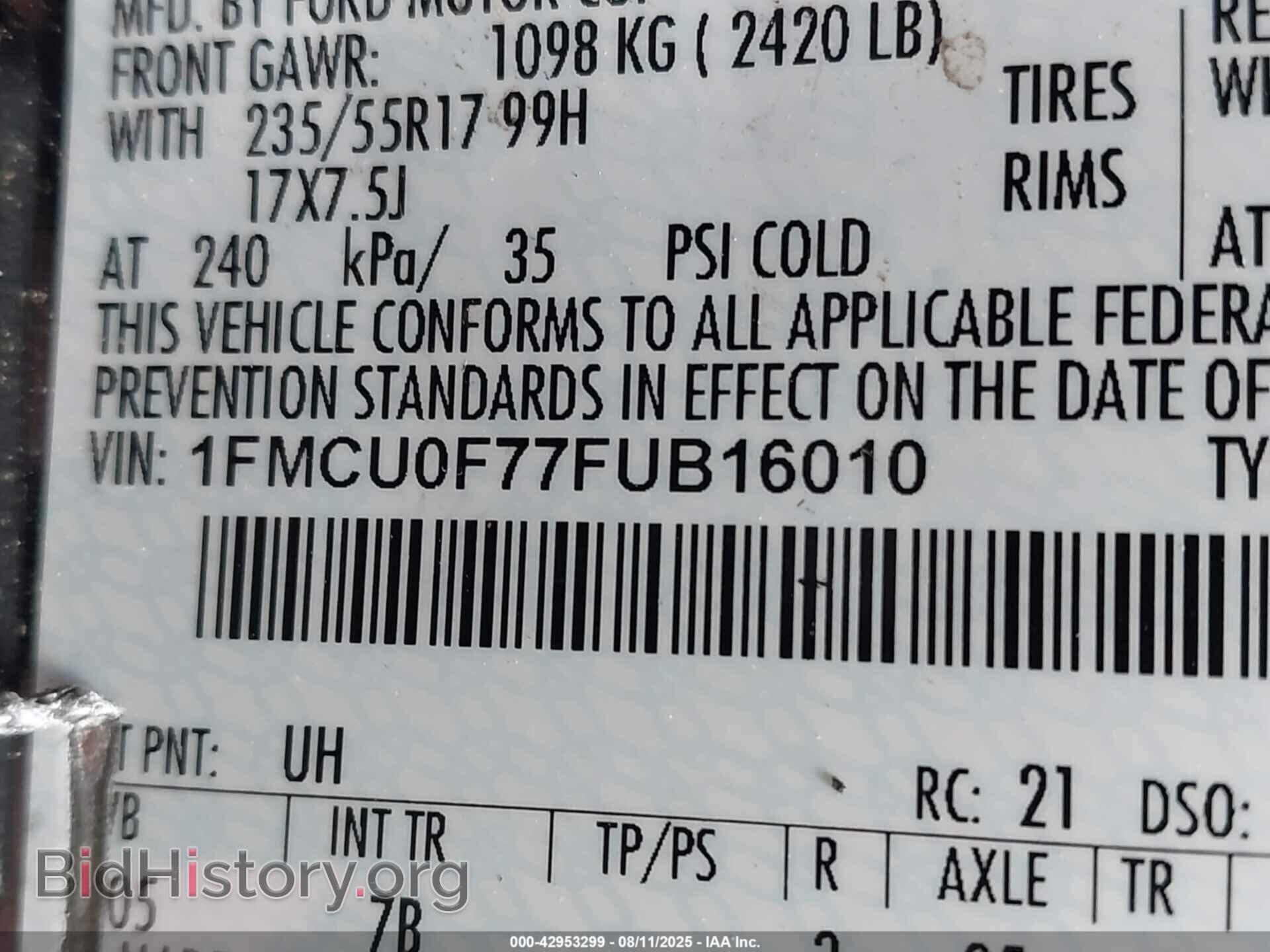 2015 FORD ESCAPE - VIN: 1FMCU0F77FUB16010 - Фото 9