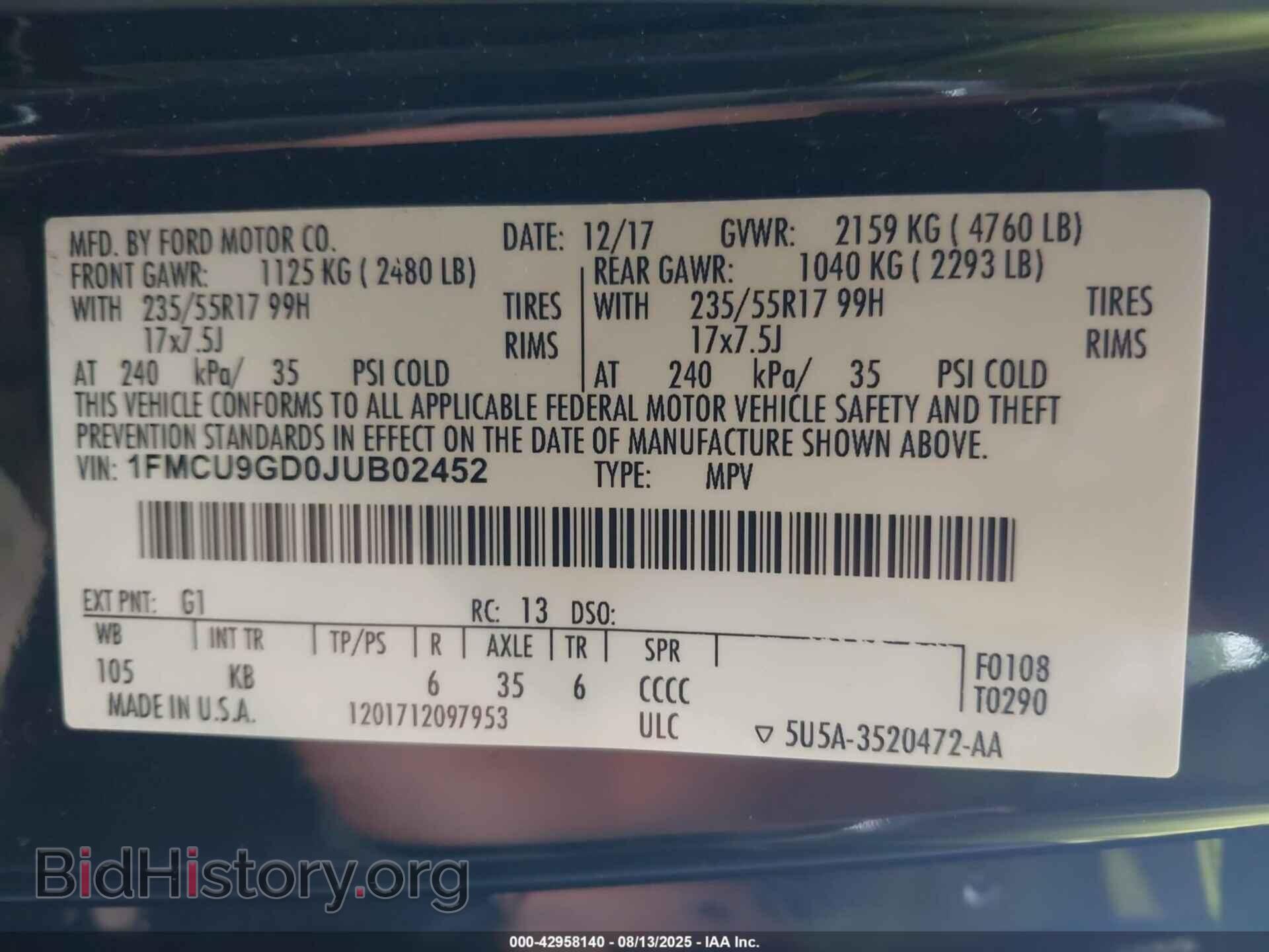 2018 FORD ESCAPE - VIN: 1FMCU9GD0JUB02452 - Фото 9