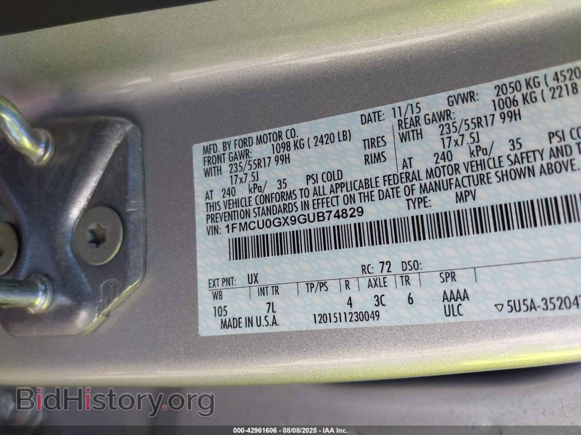2016 FORD ESCAPE - VIN: 1FMCU0GX9GUB74829 - Фото 9