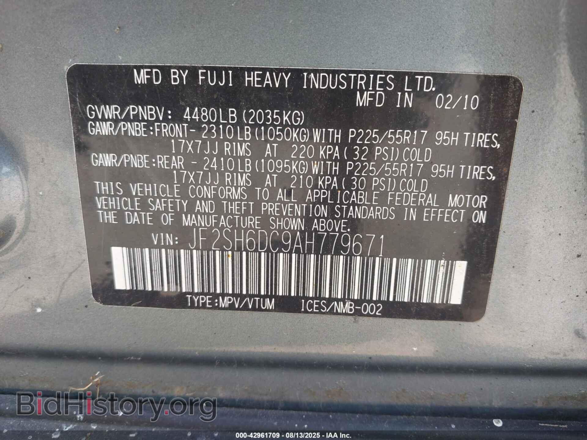 2010 SUBARU FORESTER - VIN: JF2SH6DC9AH779671 - Фото 9