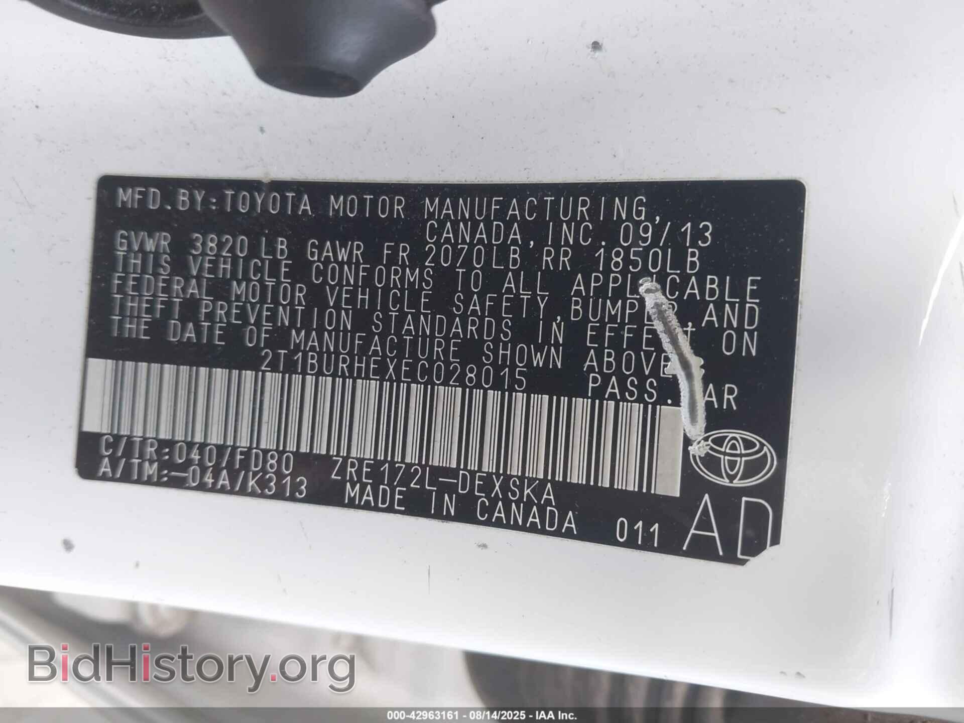 2014 TOYOTA COROLLA - VIN: 2T1BURHEXEC028015 - Фото 9