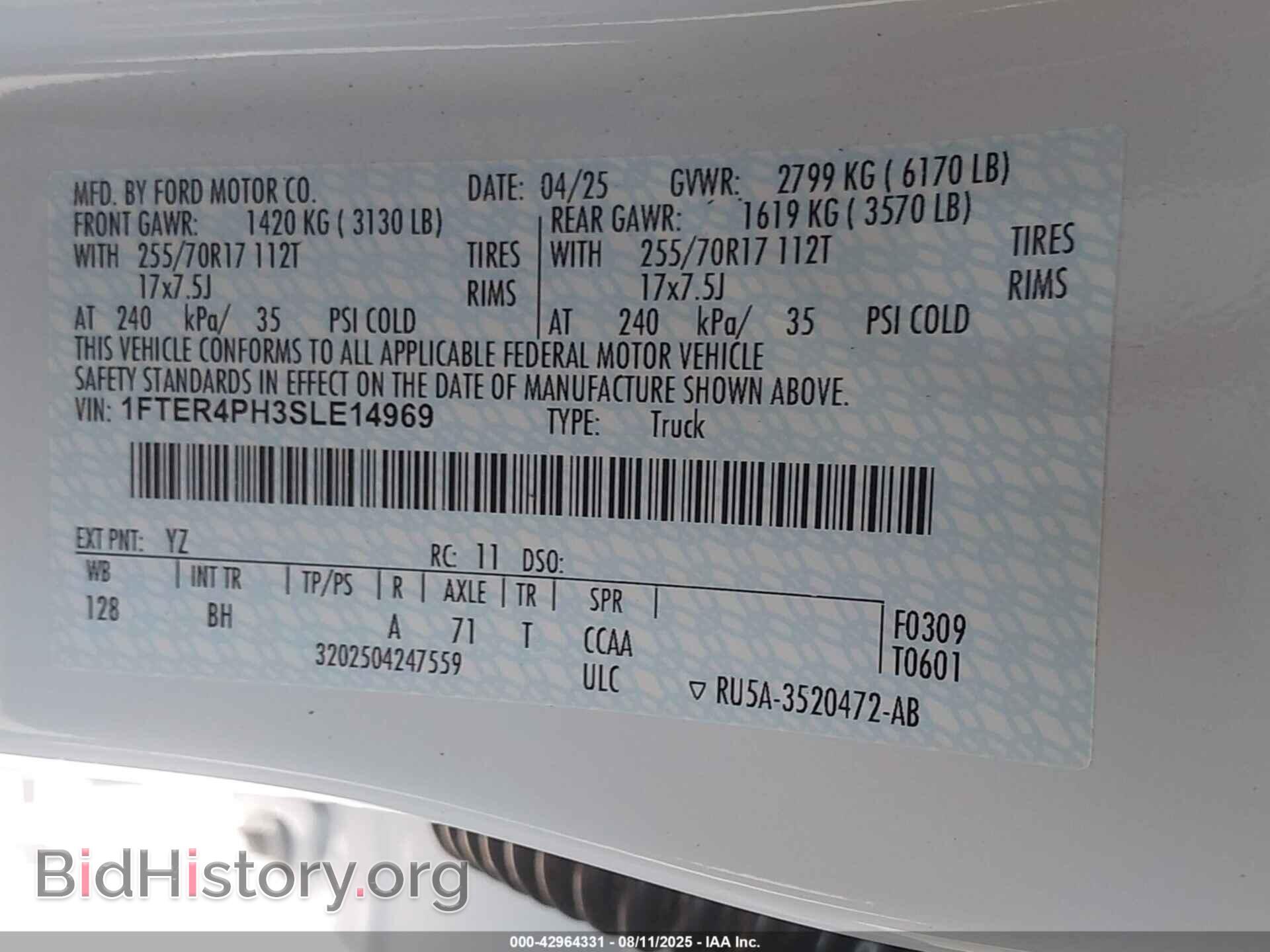 2025 FORD RANGER - VIN: 1FTER4PH3SLE14969 - Фото 9