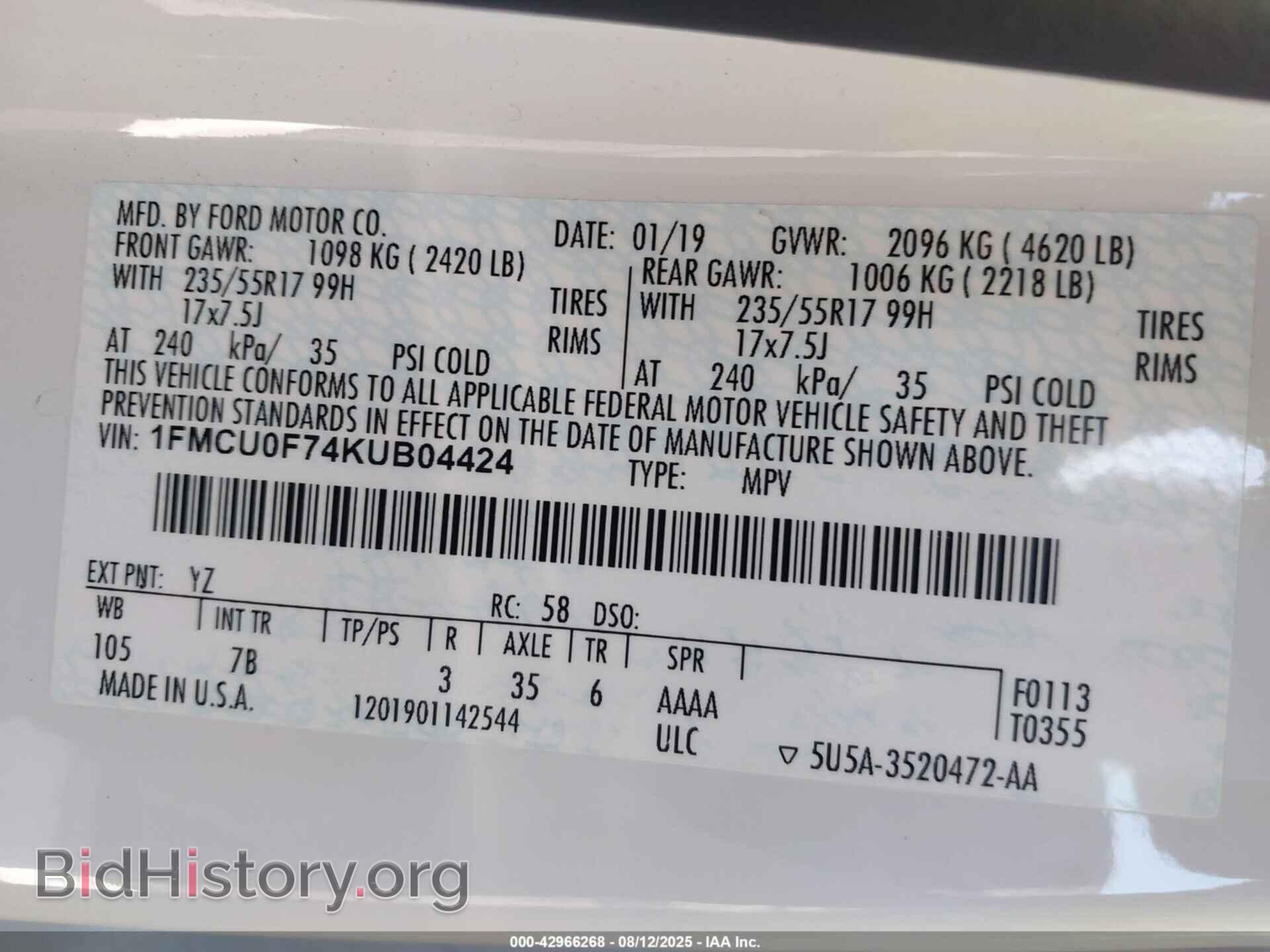 2019 FORD ESCAPE - VIN: 1FMCU0F74KUB04424 - Фото 9