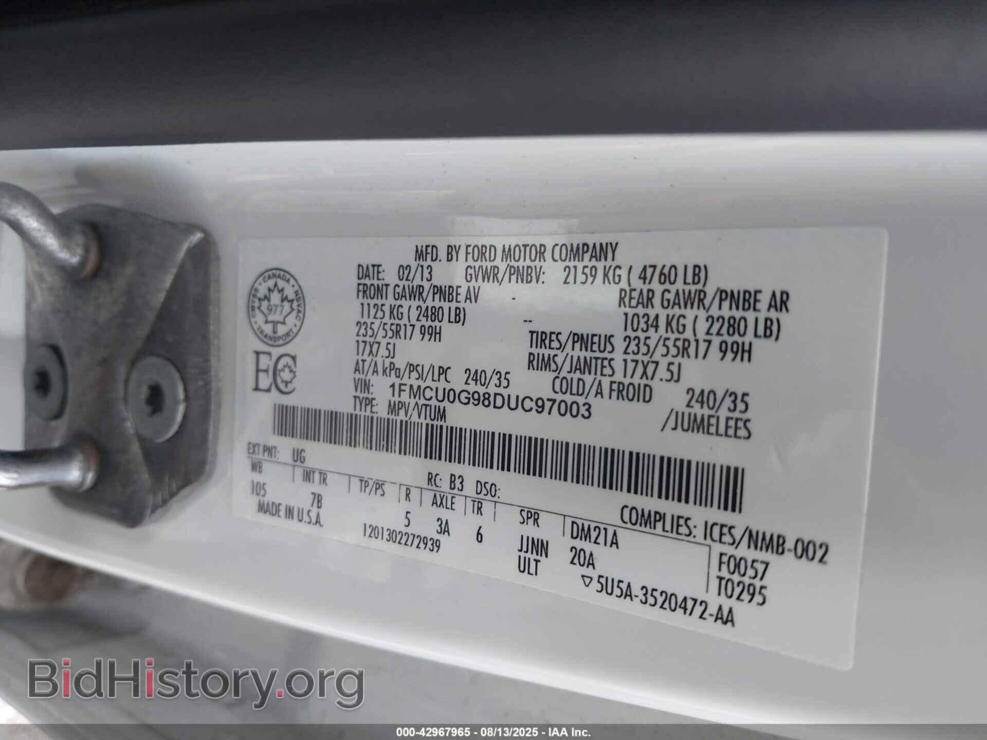 2013 FORD ESCAPE - VIN: 1FMCU0G98DUC97003 - Фото 9