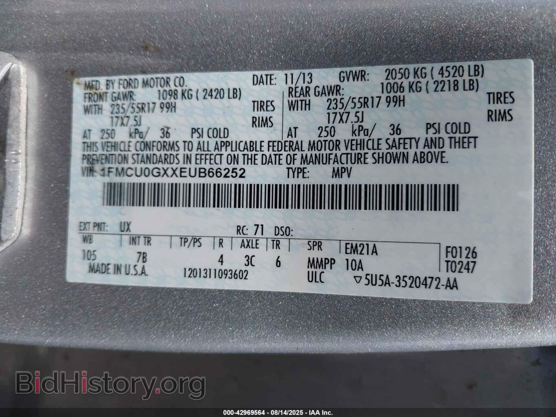 2014 FORD ESCAPE - VIN: 1FMCU0GXXEUB66252 - Фото 9