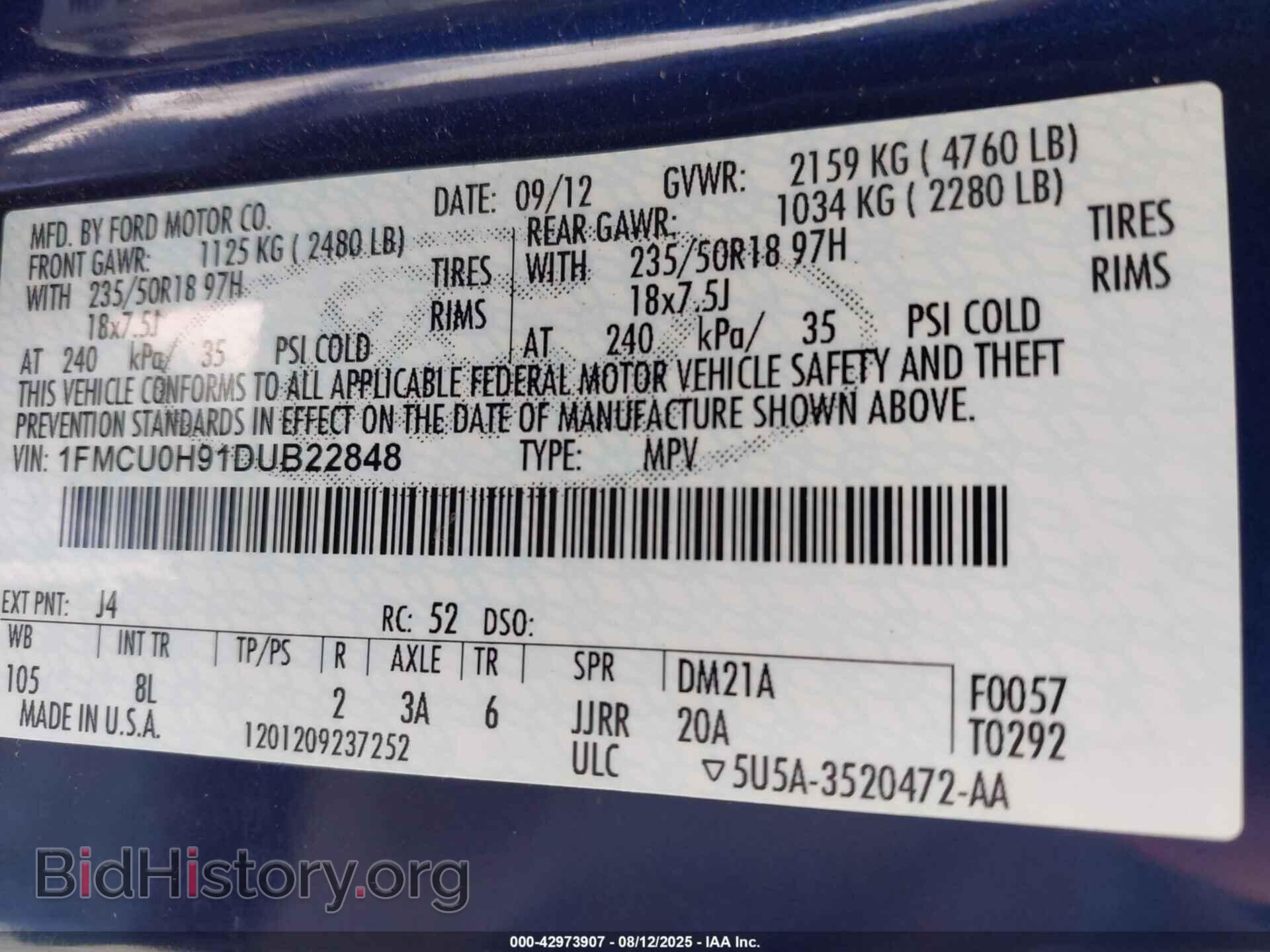 2013 FORD ESCAPE - VIN: 1FMCU0H91DUB22848 - Фото 9