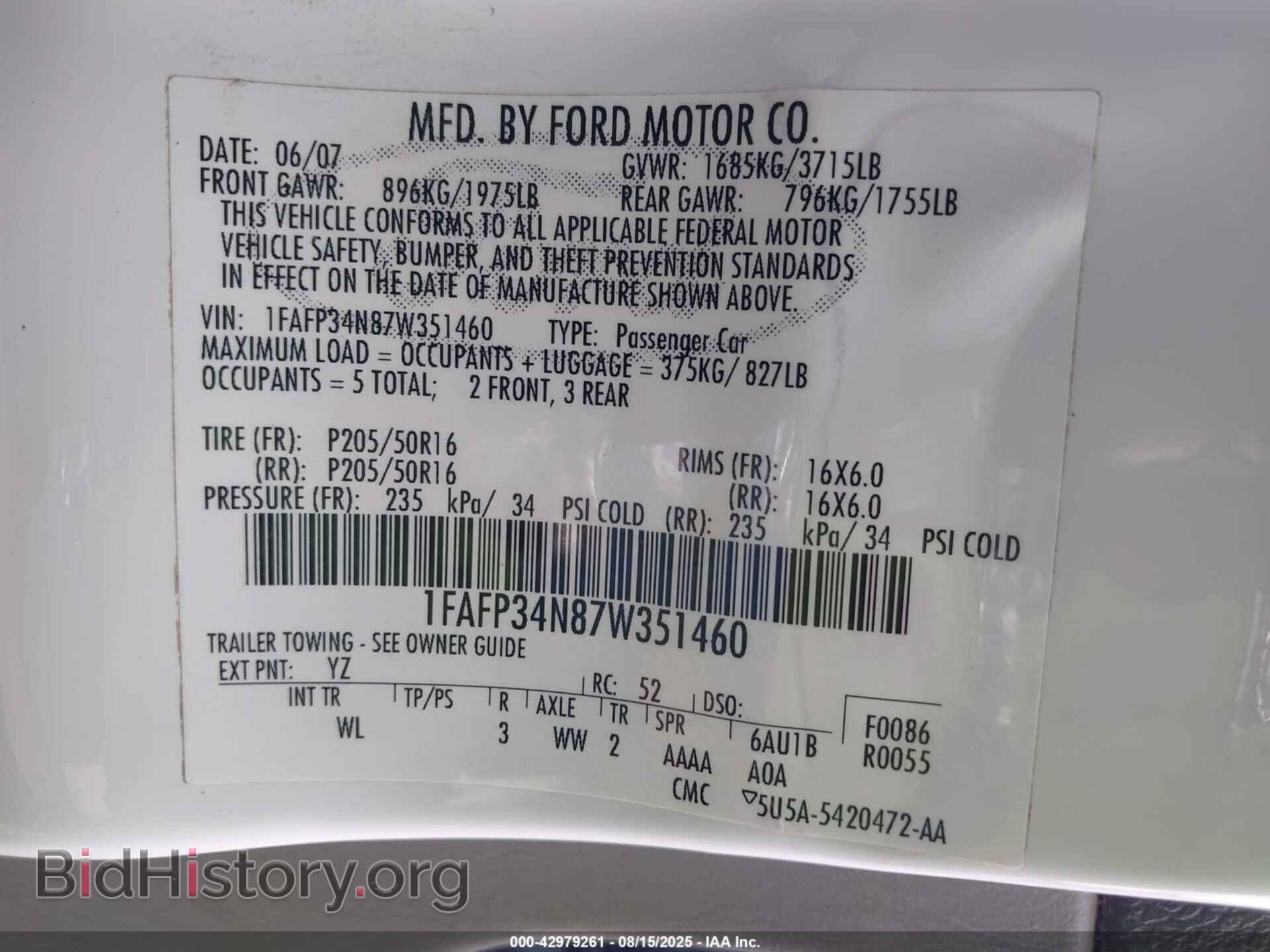 2007 FORD FOCUS - VIN: 1FAFP34N87W351460 - Фото 9