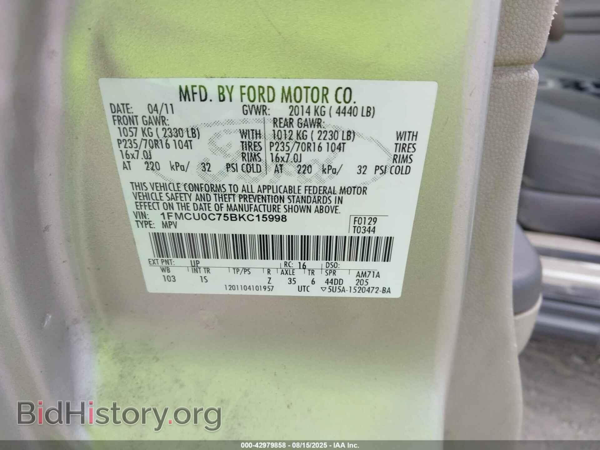 2011 FORD ESCAPE - VIN: 1FMCU0C75BKC15998 - Фото 9