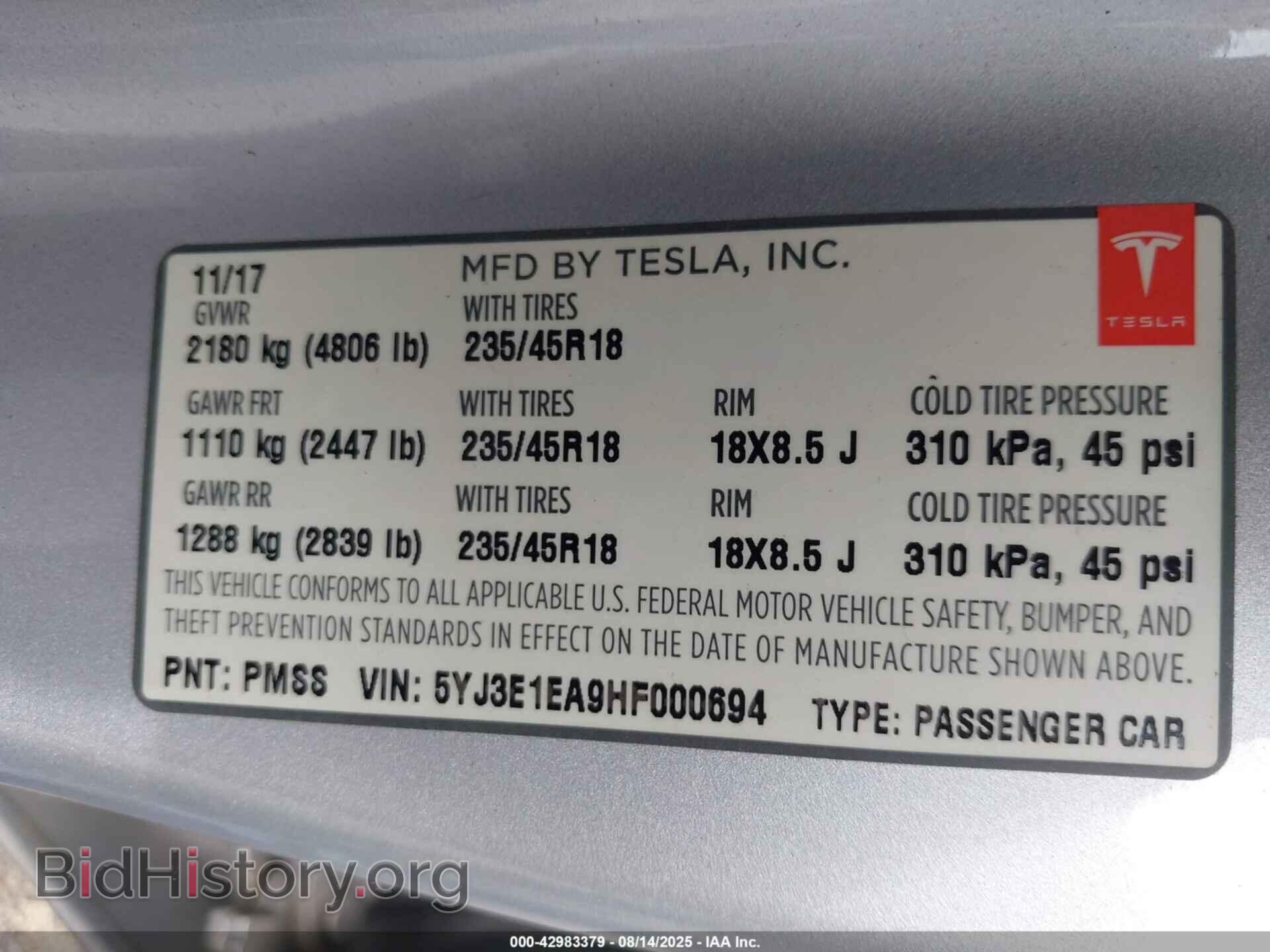 2017 TESLA MODEL 3 - VIN: 5YJ3E1EA9HF000694 - Photo 9