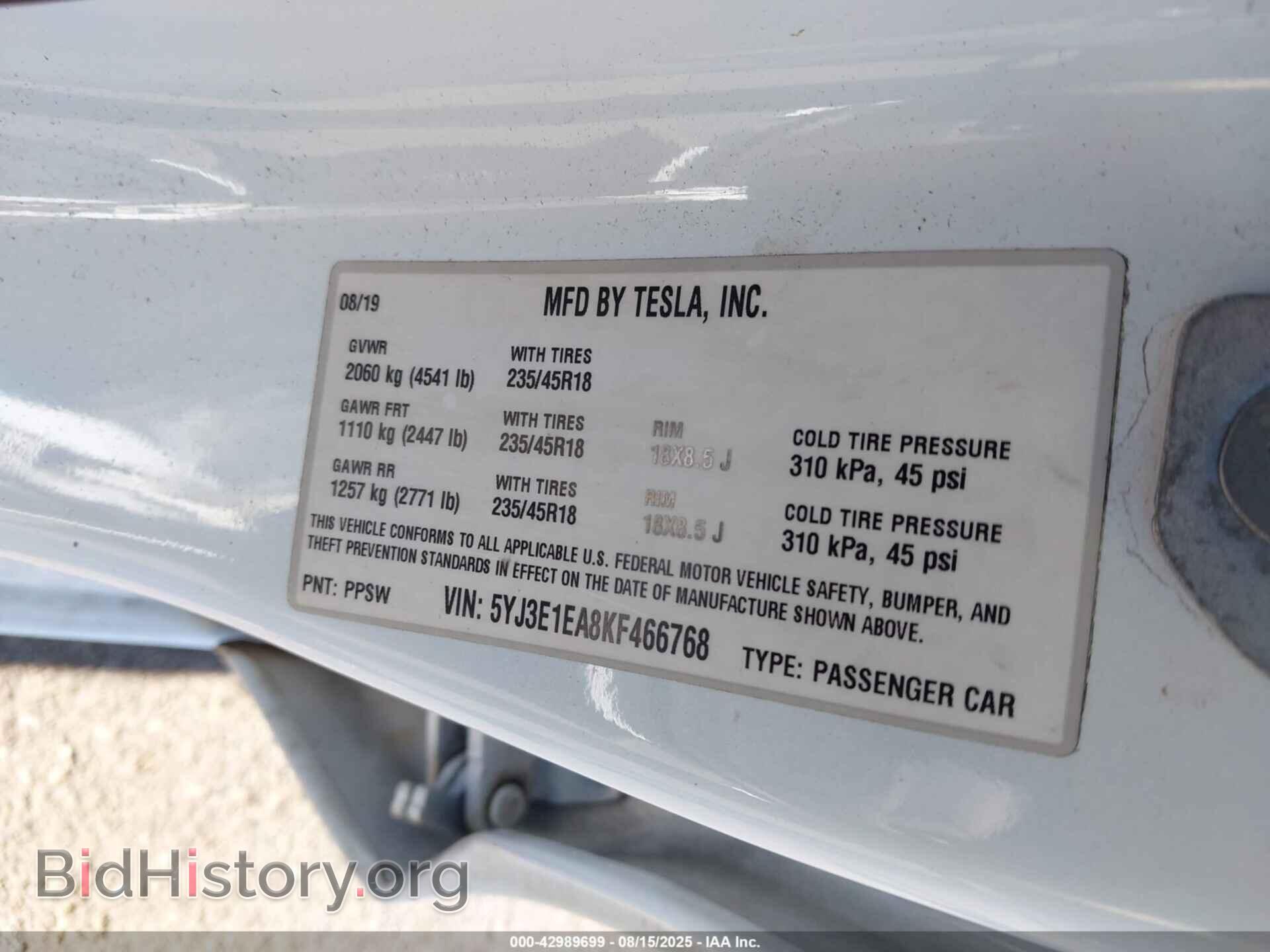 2019 TESLA MODEL 3 - VIN: 5YJ3E1EA8KF466768 - Фото 9