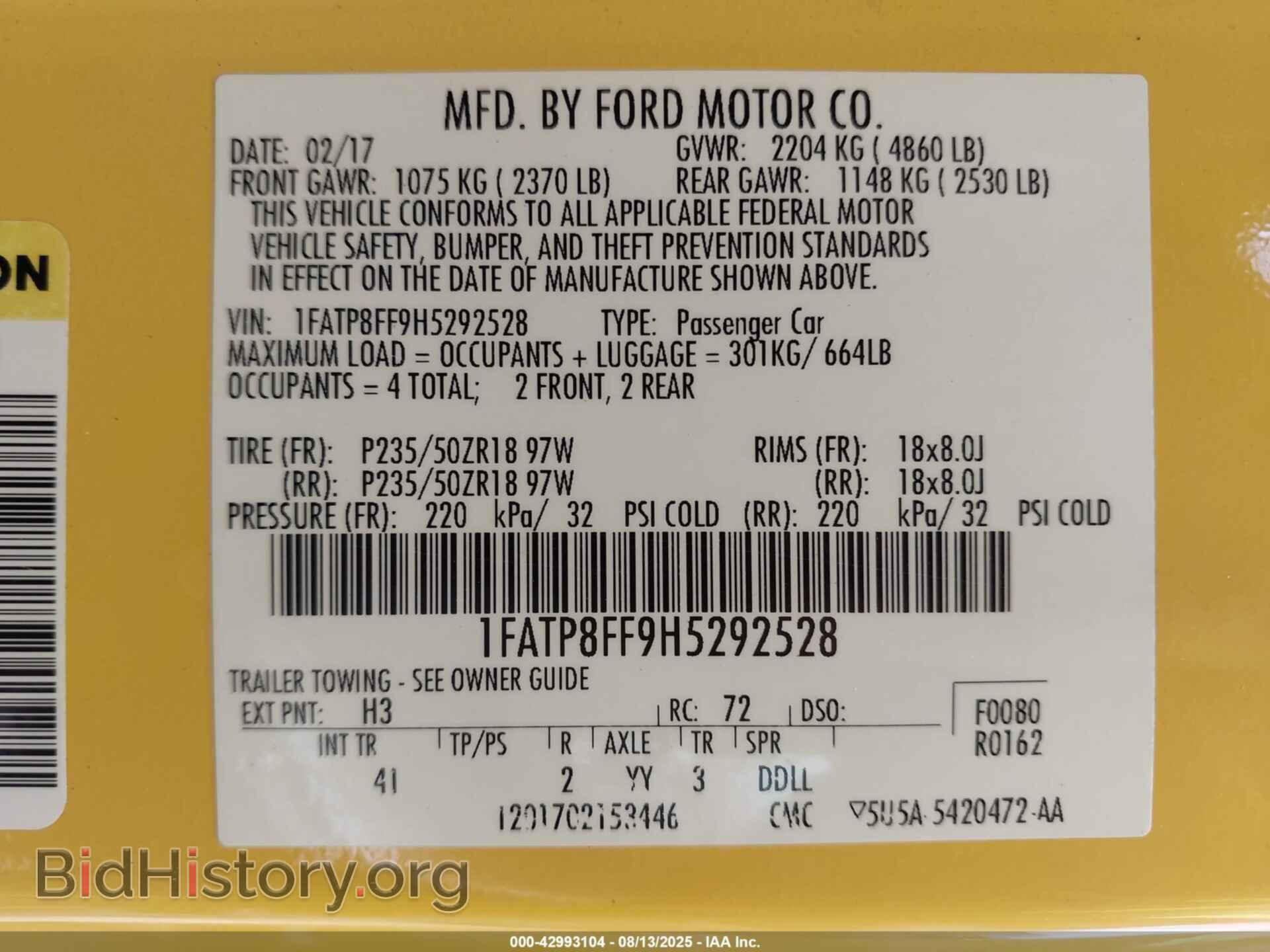 2017 FORD MUSTANG - VIN: 1FATP8FF9H5292528 - Фото 9