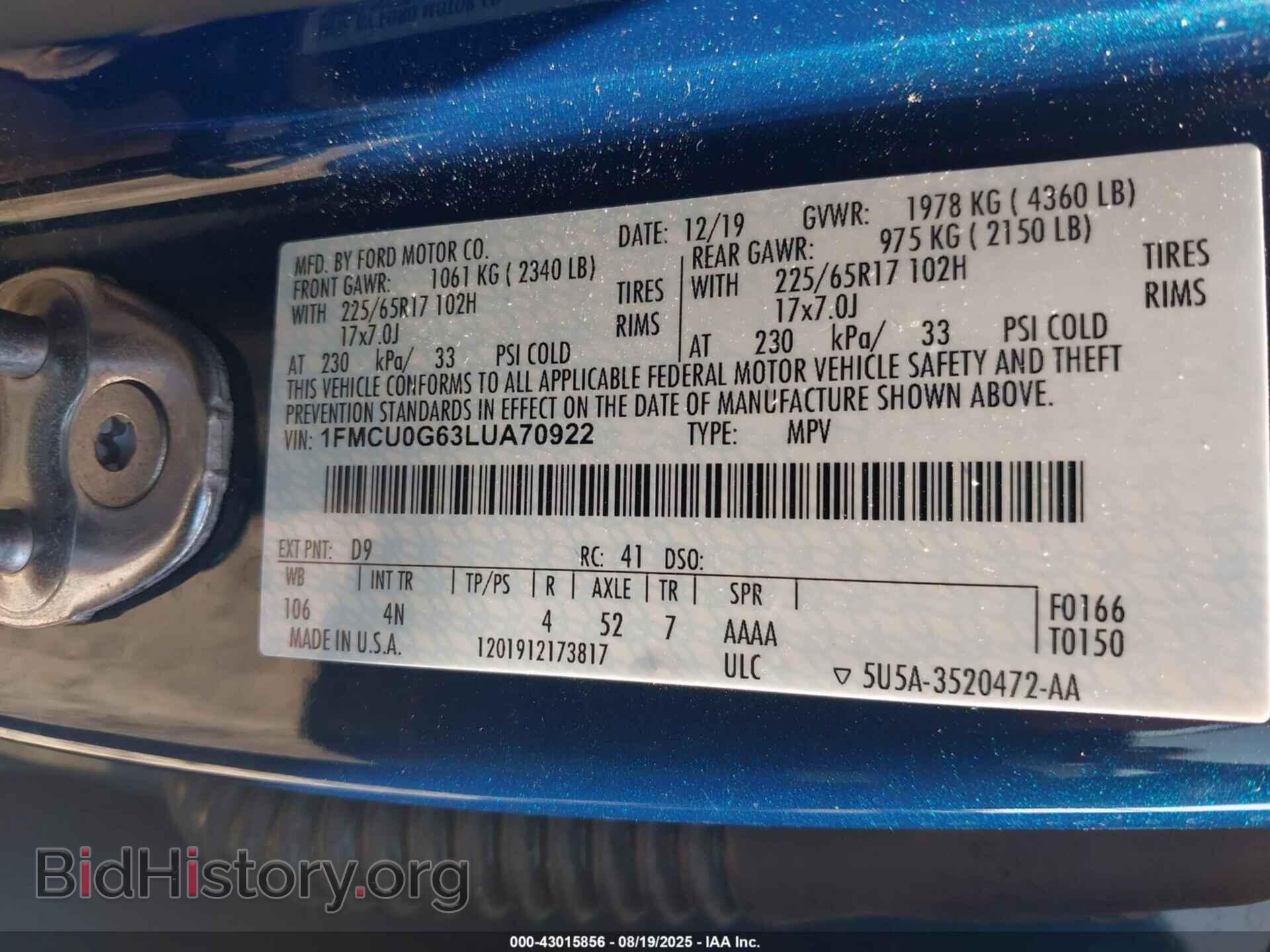 2020 FORD ESCAPE - VIN: 1FMCU0G63LUA70922 - Фото 9