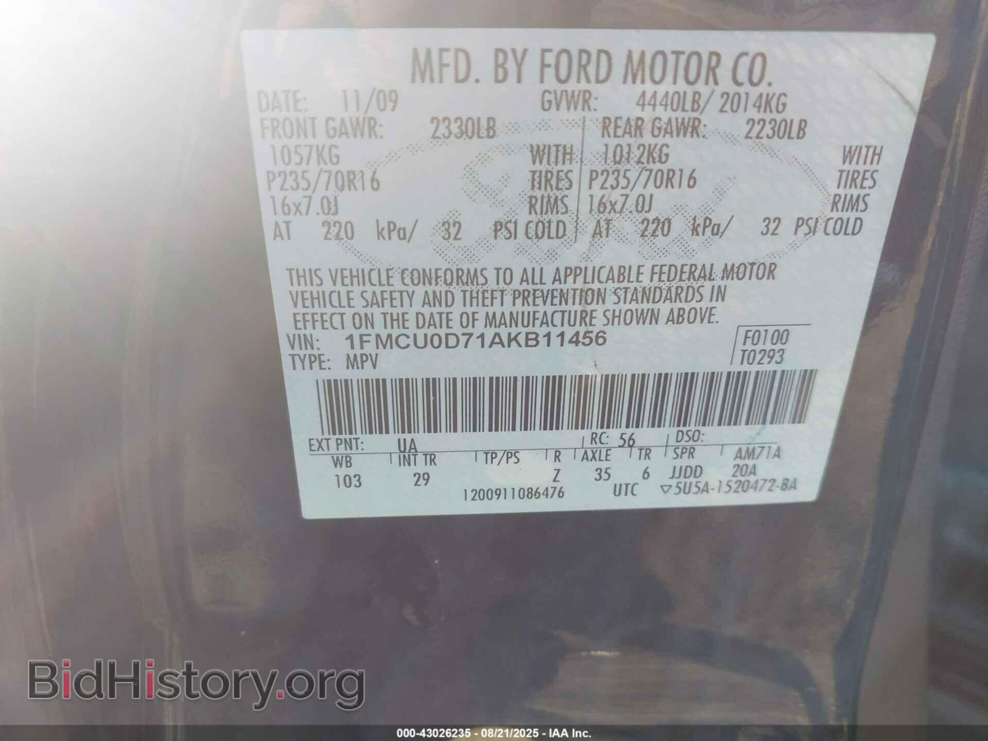 2010 FORD ESCAPE - VIN: 1FMCU0D71AKB11456 - Фото 9