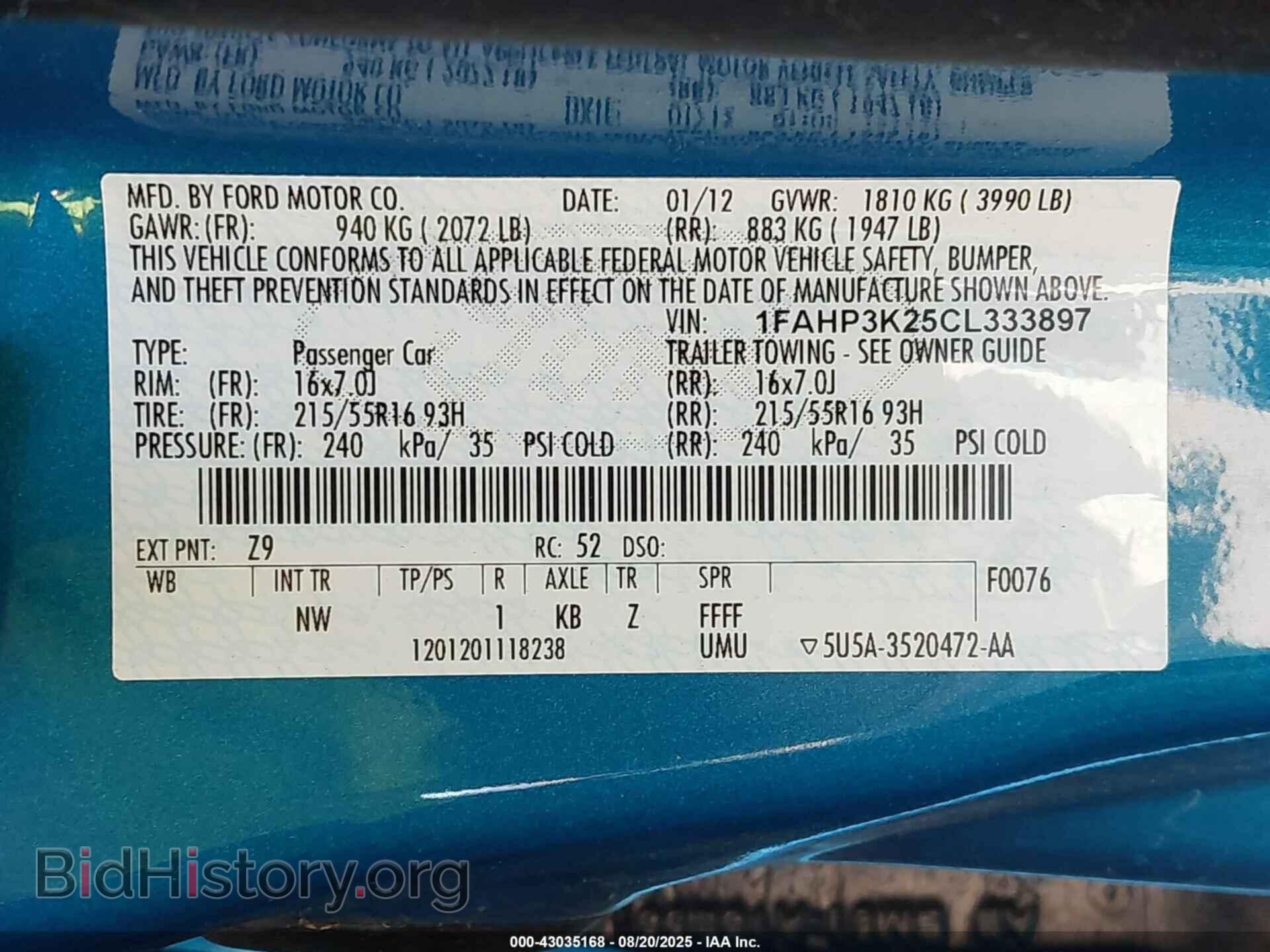 2012 FORD FOCUS - VIN: 1FAHP3K25CL333897 - Фото 9