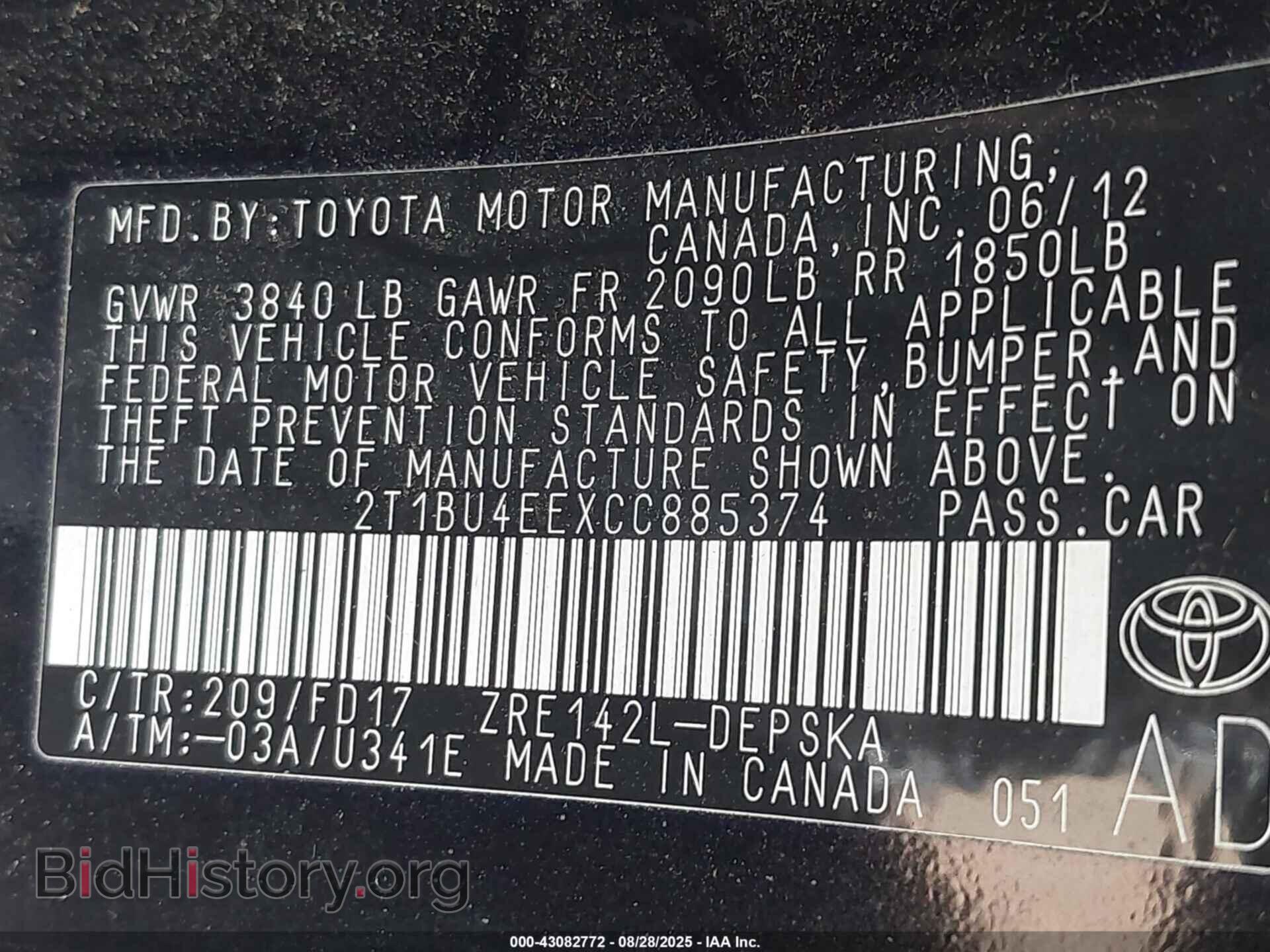 2012 TOYOTA COROLLA - VIN: 2T1BU4EEXCC885374 - Фото 9