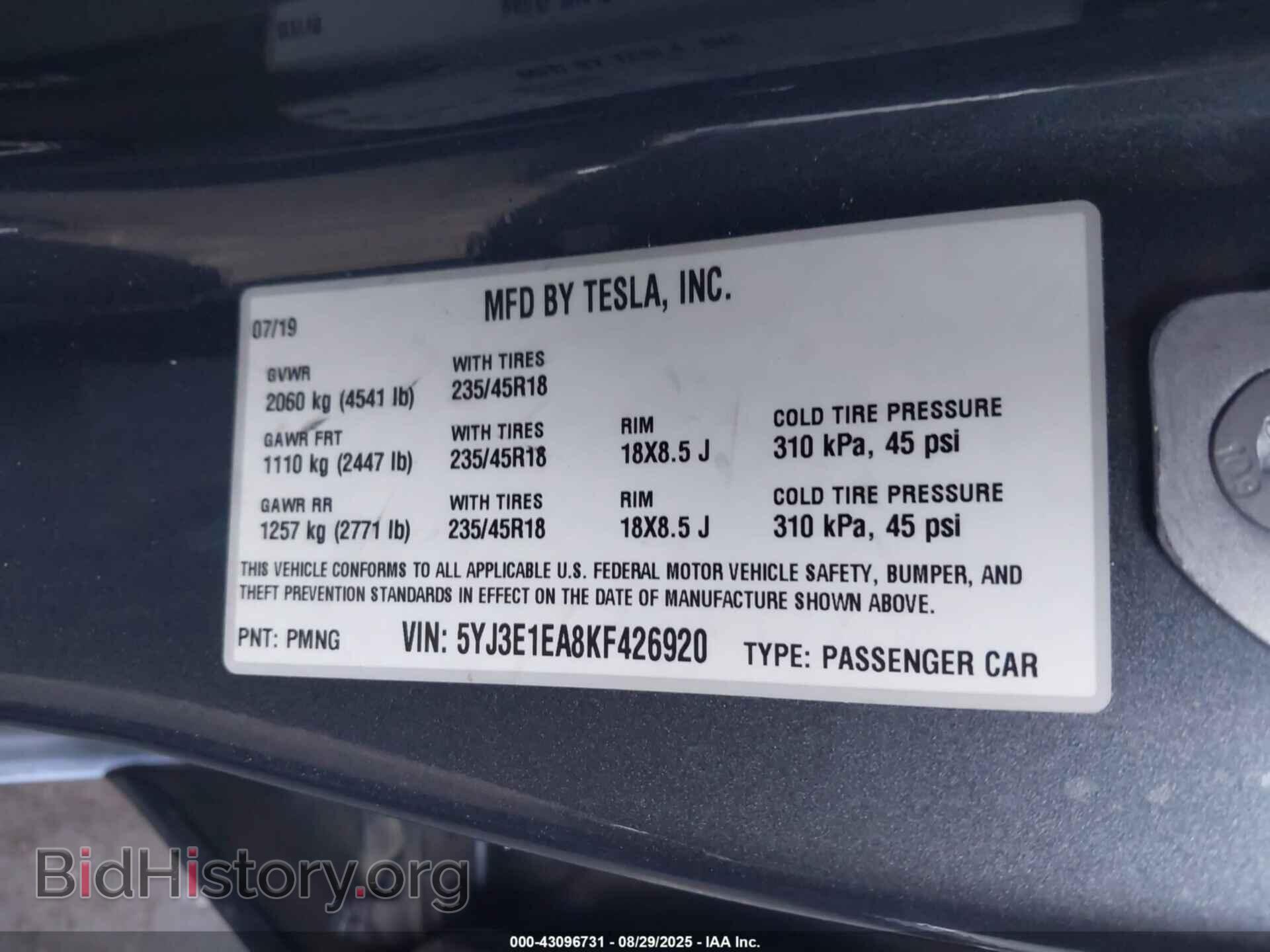 2019 TESLA MODEL 3 - VIN: 5YJ3E1EA8KF426920 - Photo 9