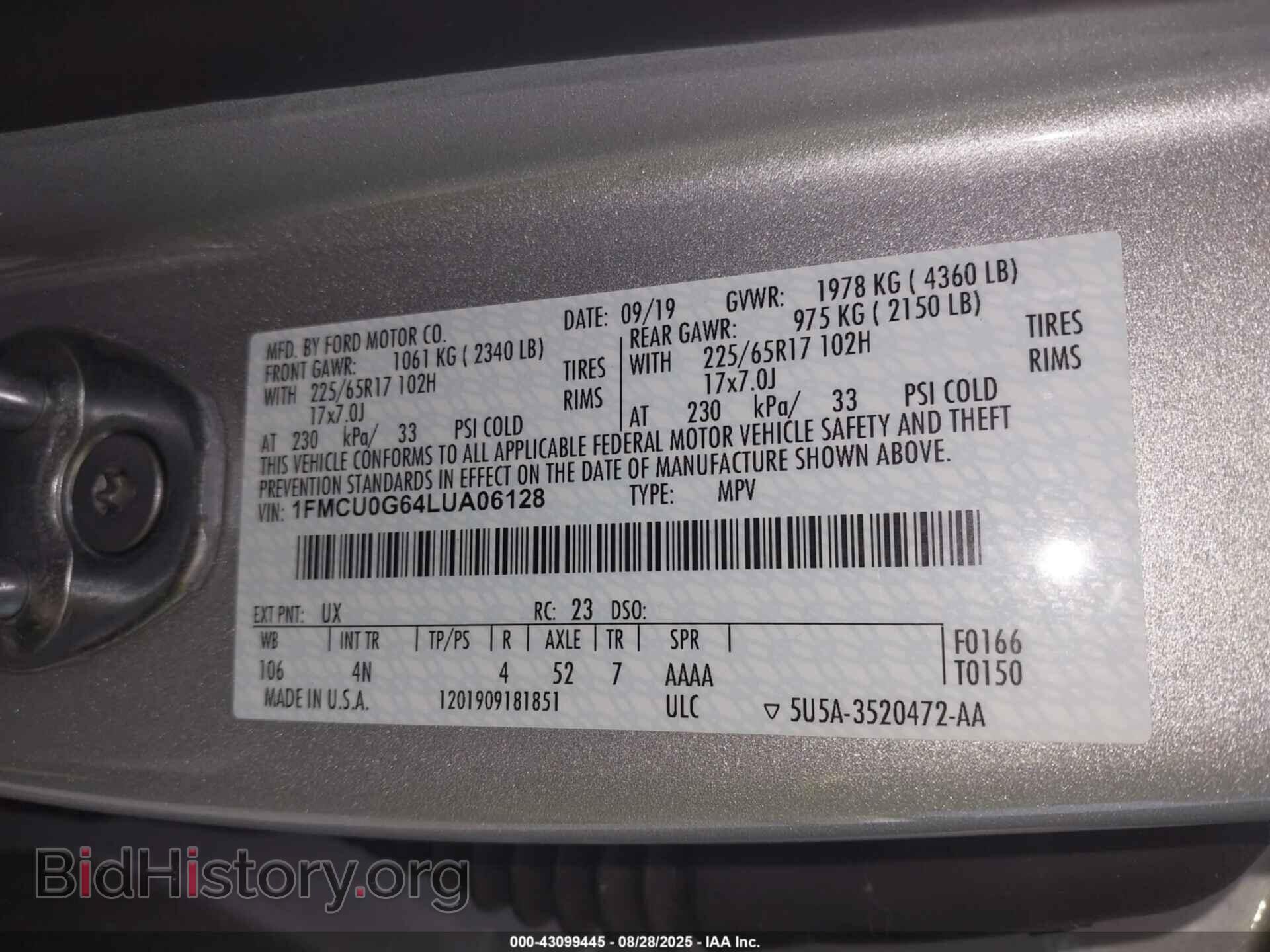 2020 FORD ESCAPE - VIN: 1FMCU0G64LUA06128 - Фото 9
